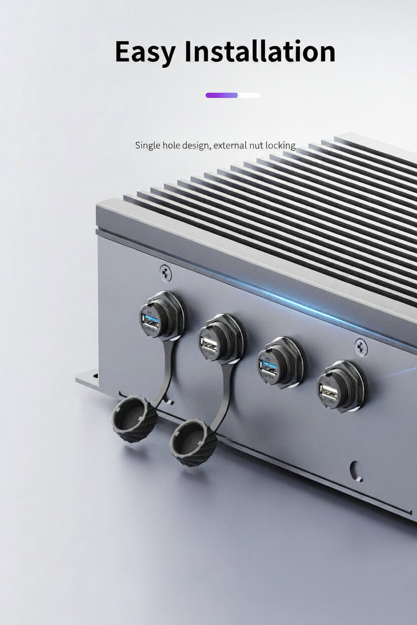 Metallic appliance with multiple ports and 'Easy Installation' text on a light gray background