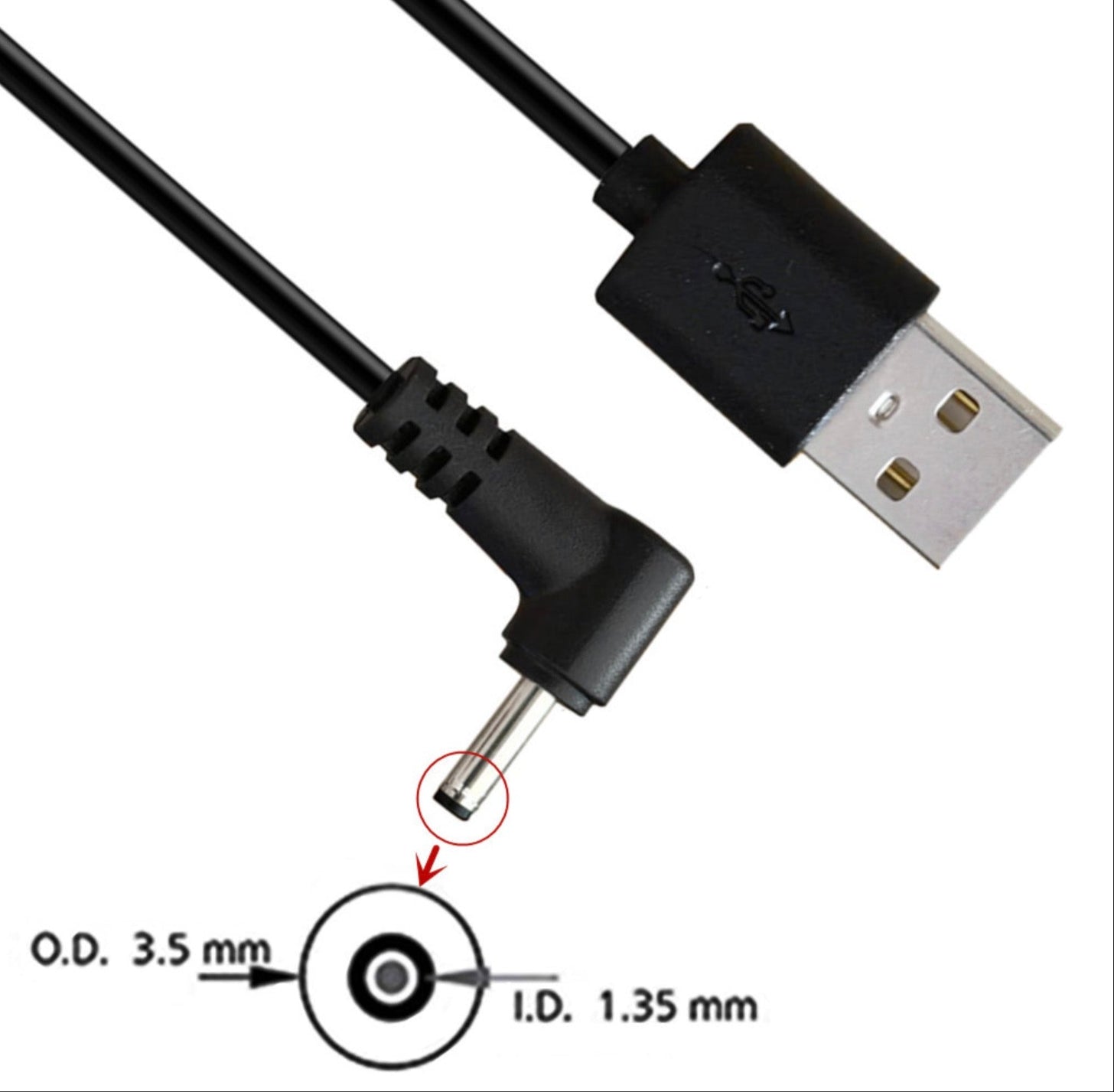 USB-A to DC 3.5 x 1.35mm right-angle 5V barrel jack power charging cable