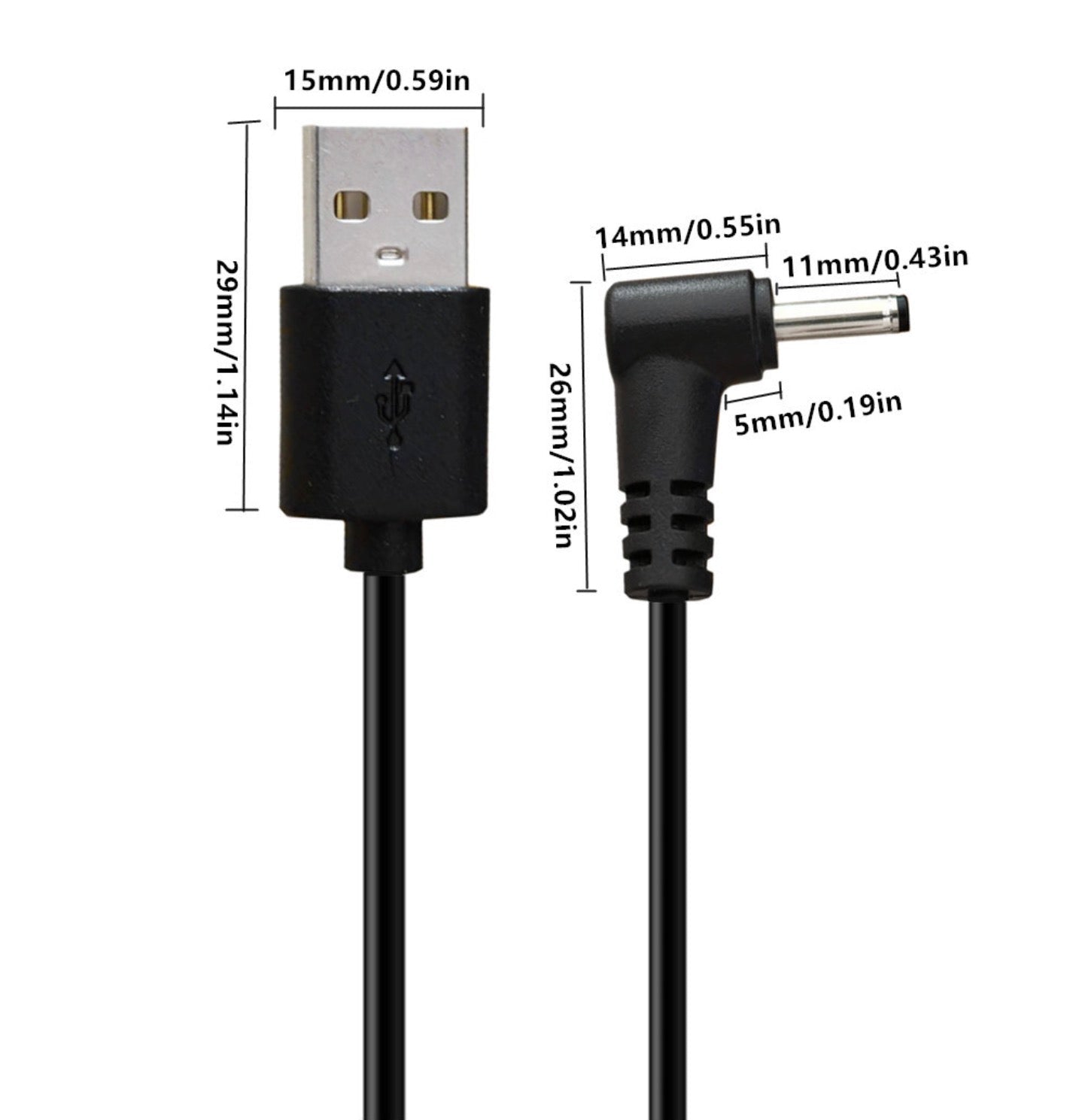 USB-A to DC 3.5 x 1.35mm right-angle 5V barrel jack power charging cable