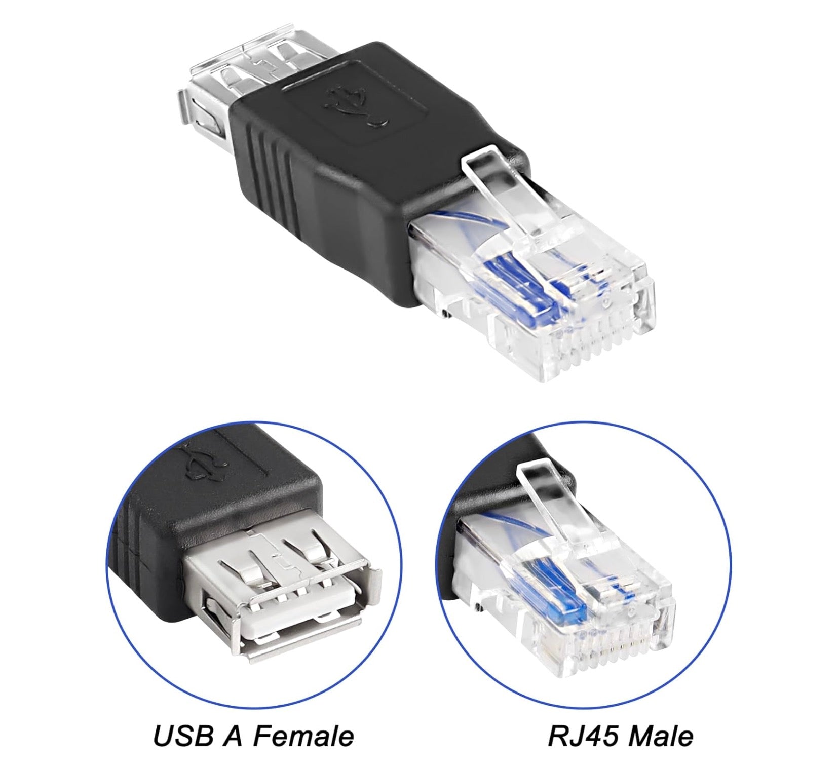 USB A female to RJ45 male adapter on a white background