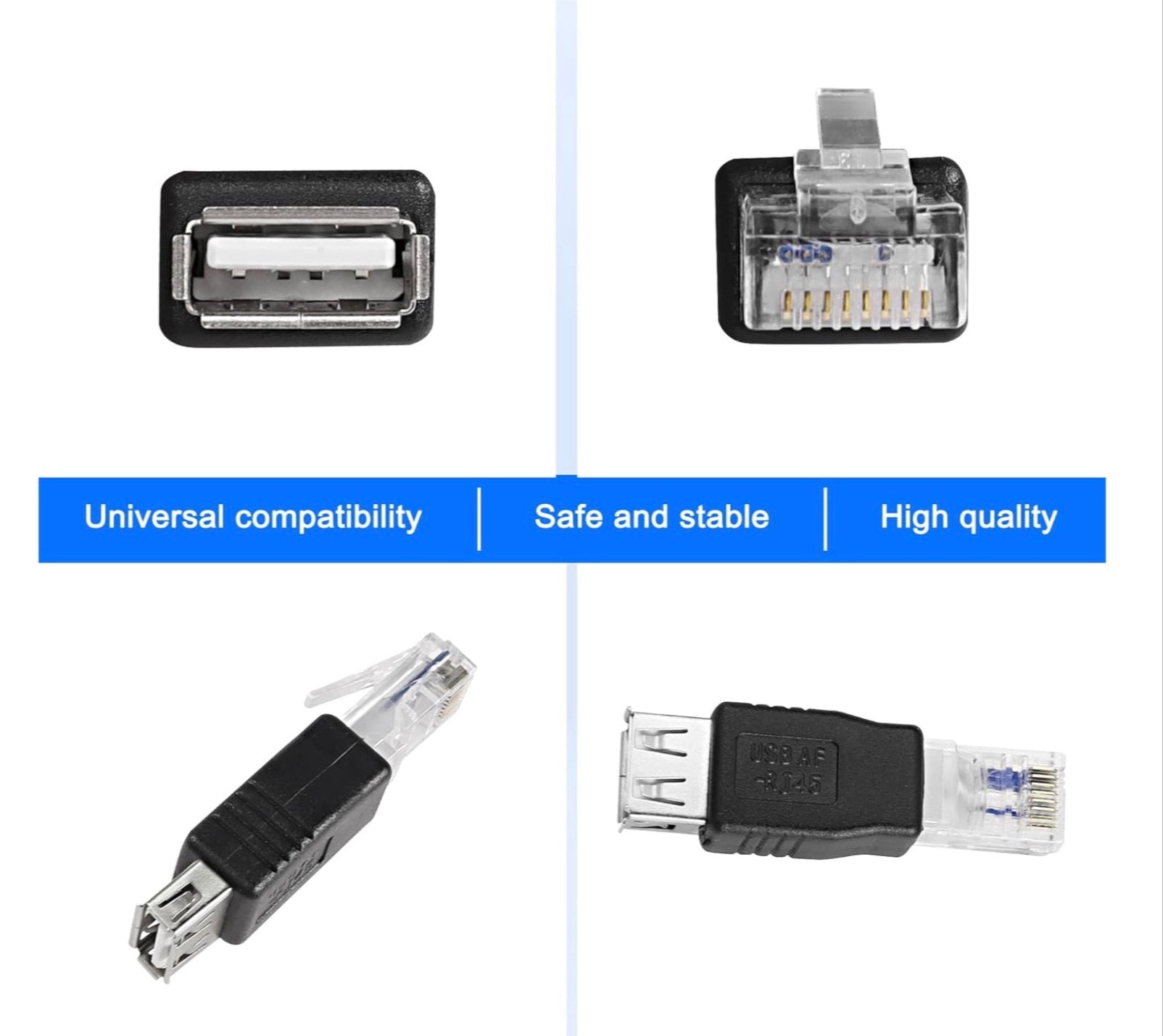 Set of electronic connectors with text highlighting compatibility, safety, and quality on a white background.