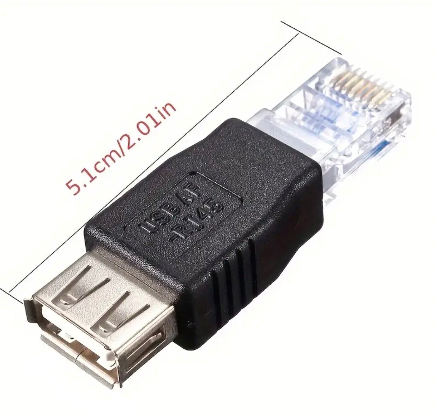 USB to Ethernet adapter with dimensions labeled on a white background