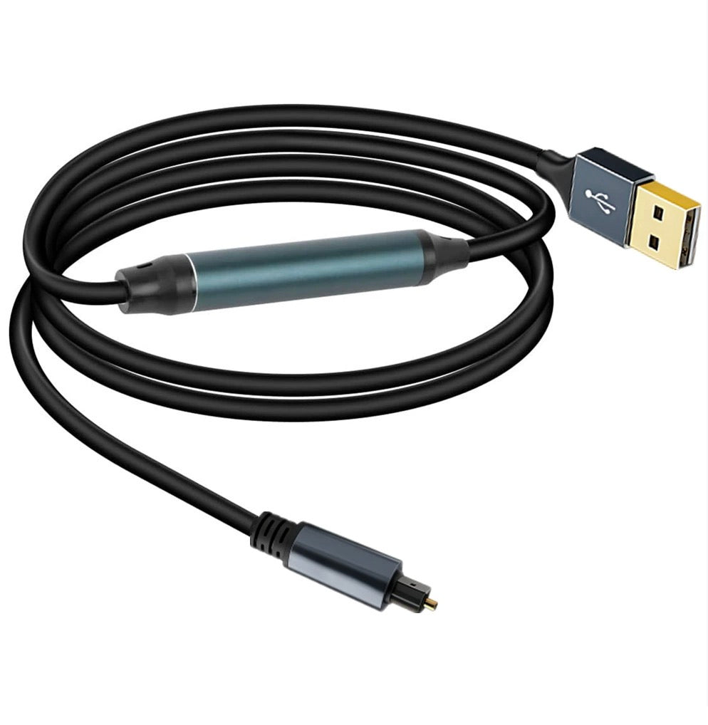 Coiled USB cable with optical connector on a white background