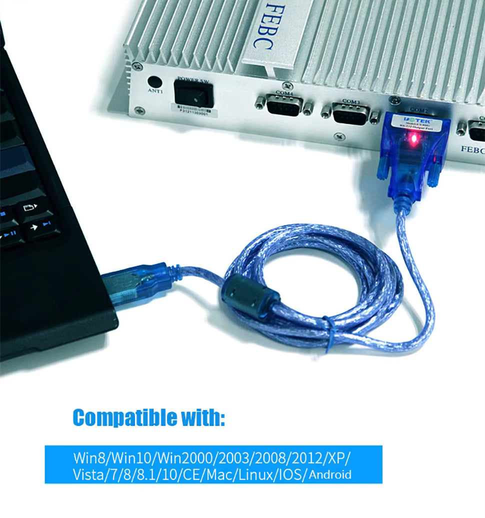 A blue braided USB cable connected to a silver industrial computer interface and a laptop, with text at the bottom stating compatibility with Windows, Vista, 7/8, 10, CE, Mac, Linux, iOS, and Android.