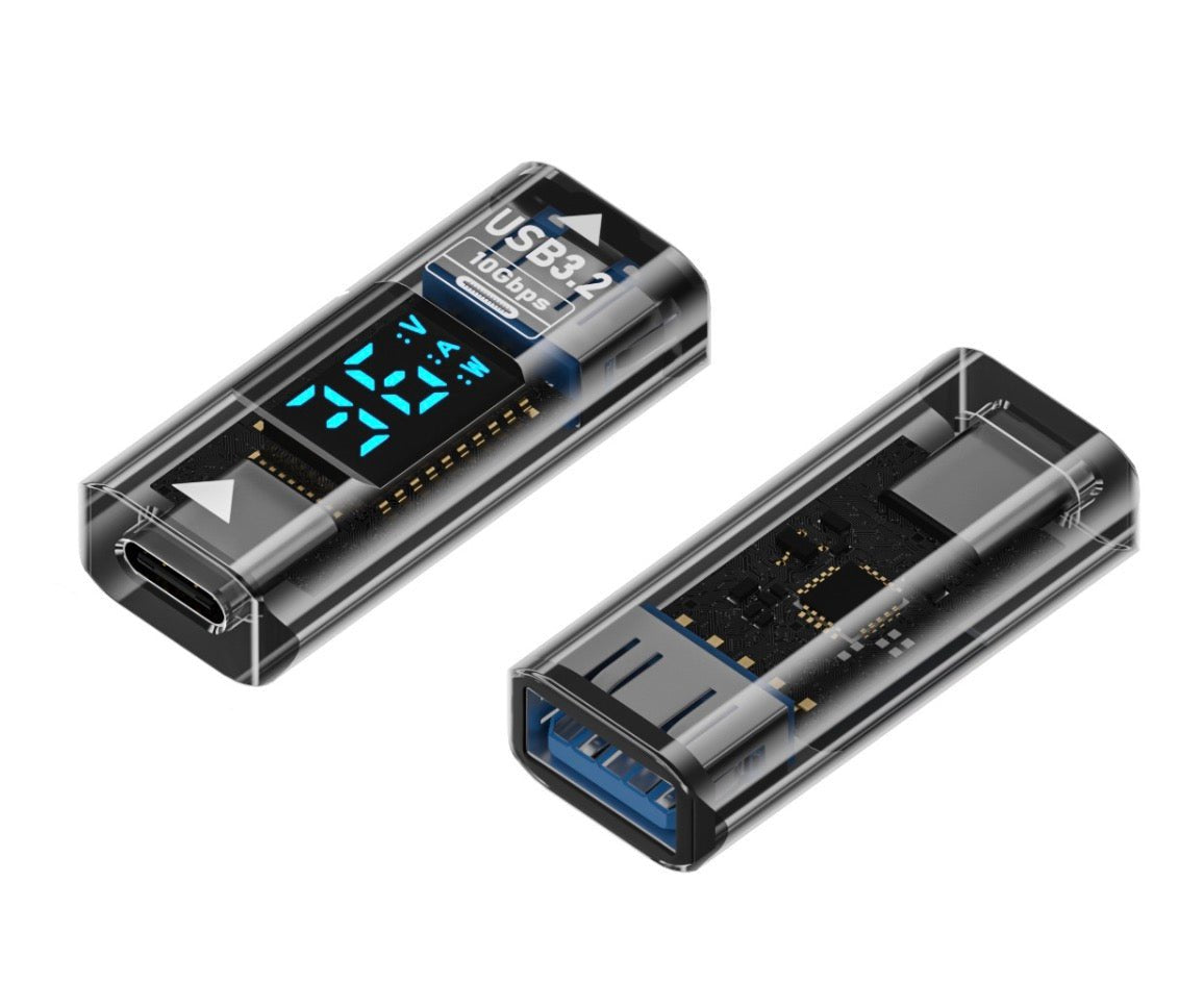 A black USB to USB C adapter with a digital display, showing the internal structure and connectors on both sides.