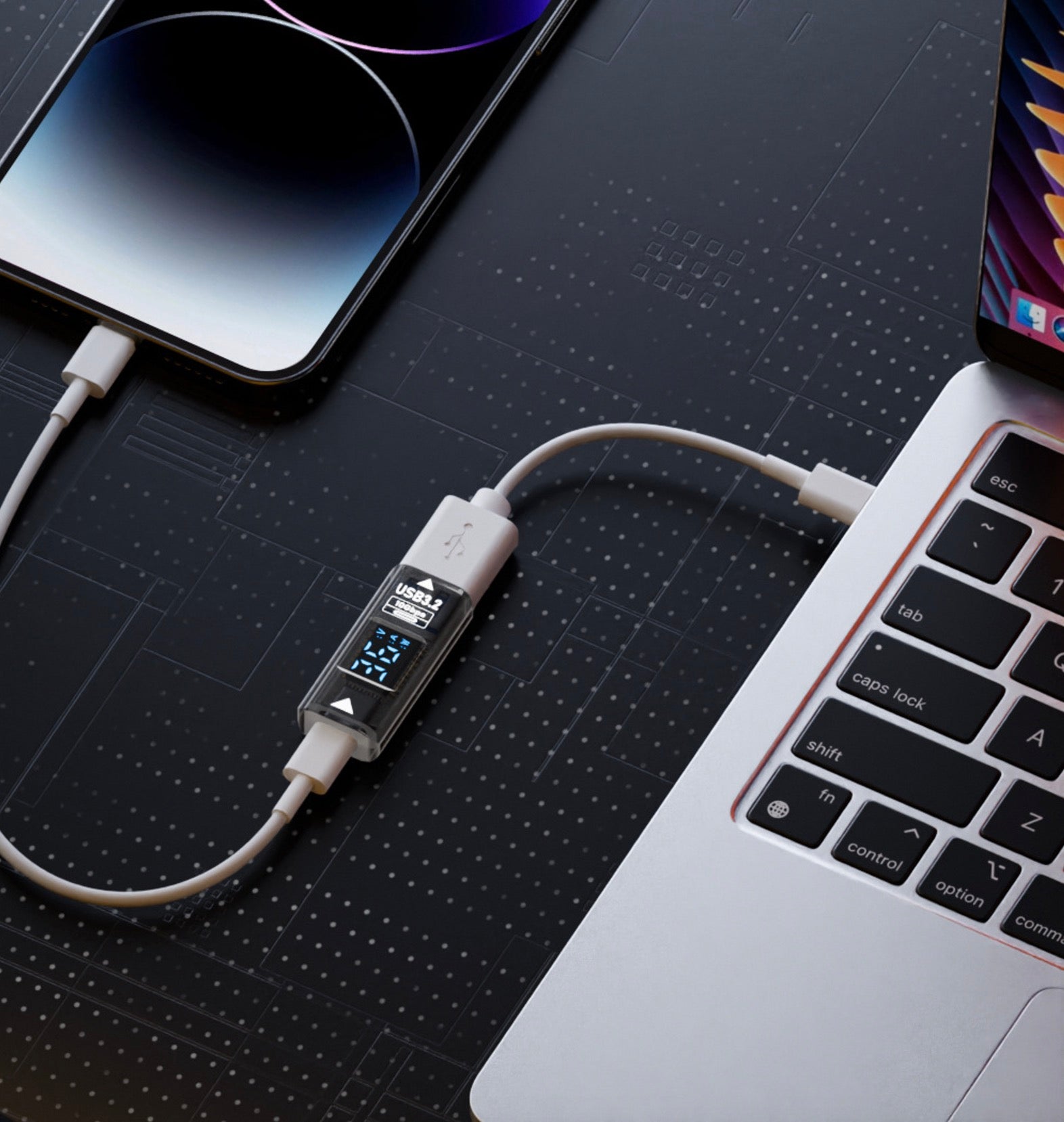 USB-A male to USB-C female OTG adapter with power monitoring display