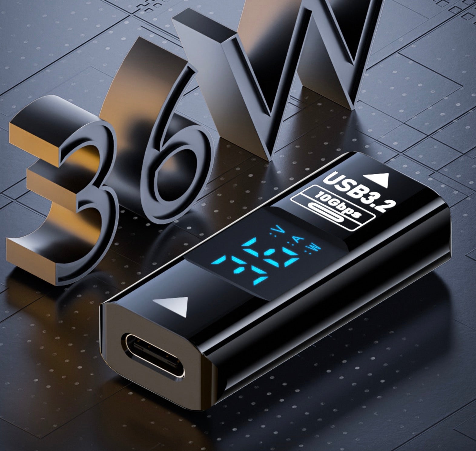 USB-A male to USB-C female OTG adapter with power monitoring display