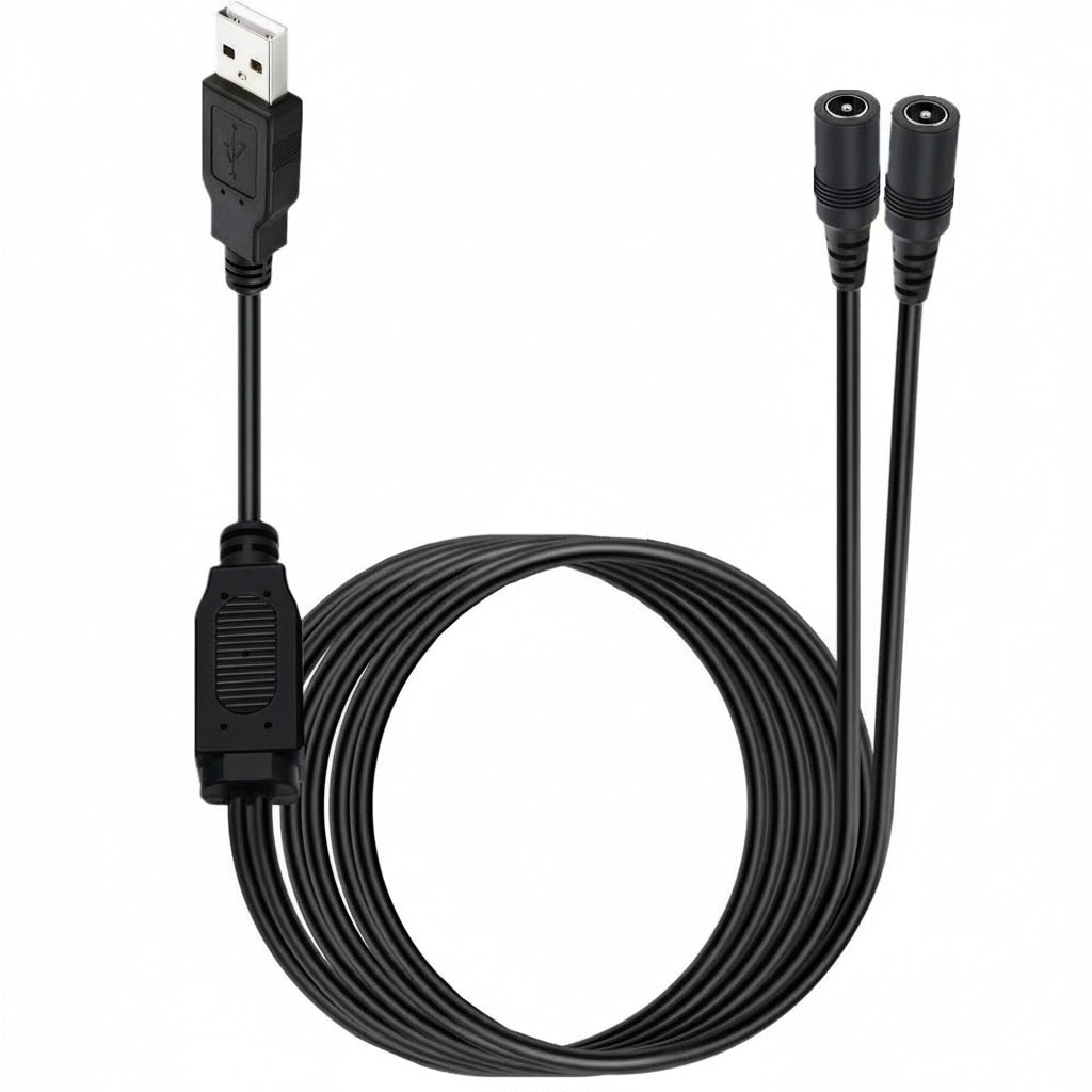 USB to dual DC 5.5x2.5mm female power splitter cable 1m