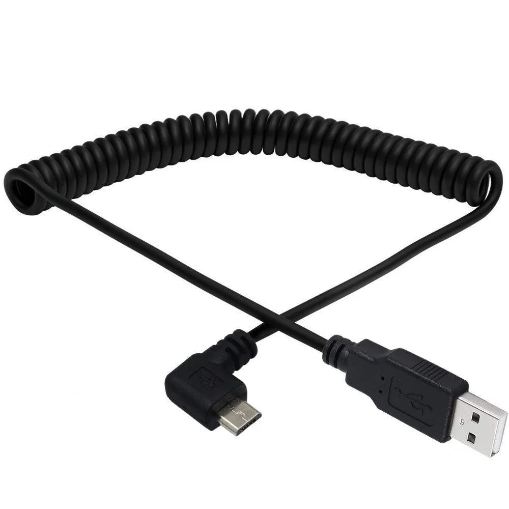 Micro 5Pin Male to USB 2.0 A Male Data Charging Coiled Cable | Right Angle