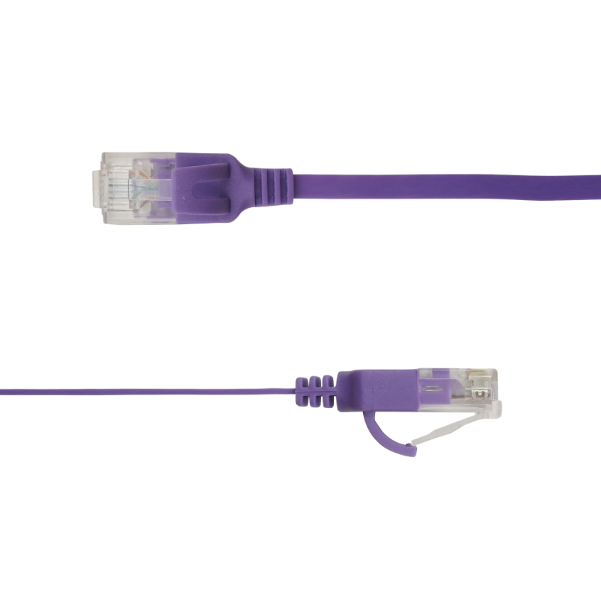 Purple Ethernet cable with clear connector on a white background