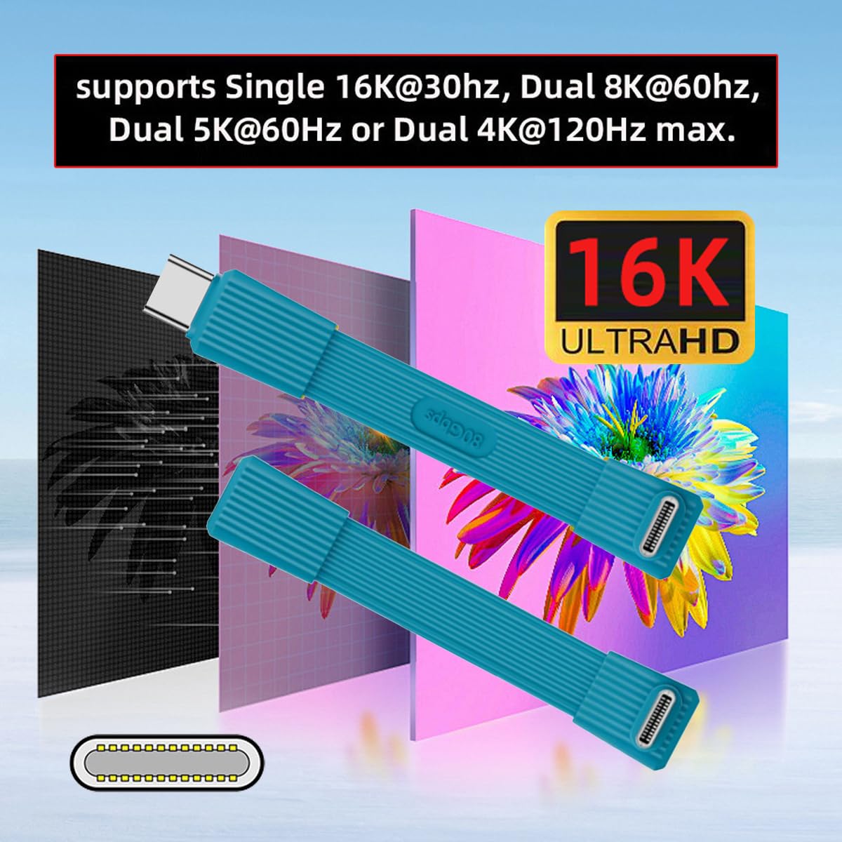 Teal USB-C cable with 16K UltraHD display on a colorful background