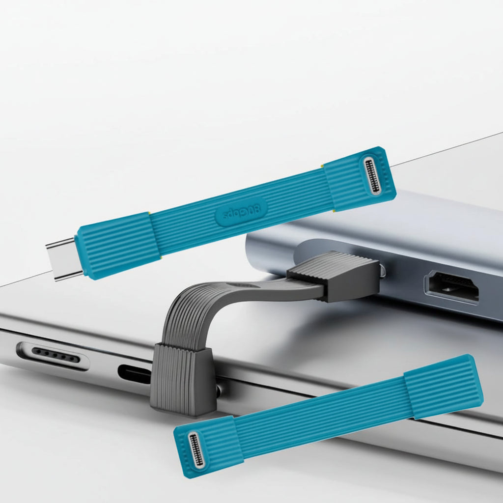 USB5.0 adapter with blue connectors attached to a laptop, highlighting data transfer speed.