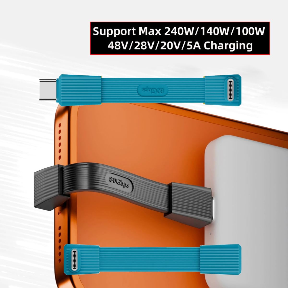 Two blue charging cables with connectors on a white background, featuring text about charging capabilities.