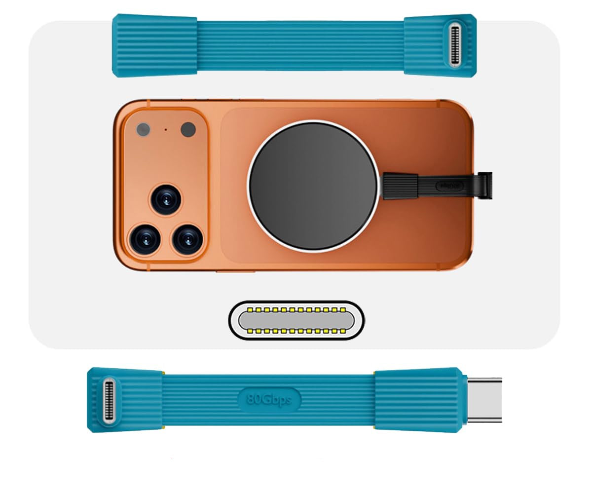 Angled type connector with blue and orange design on a white background