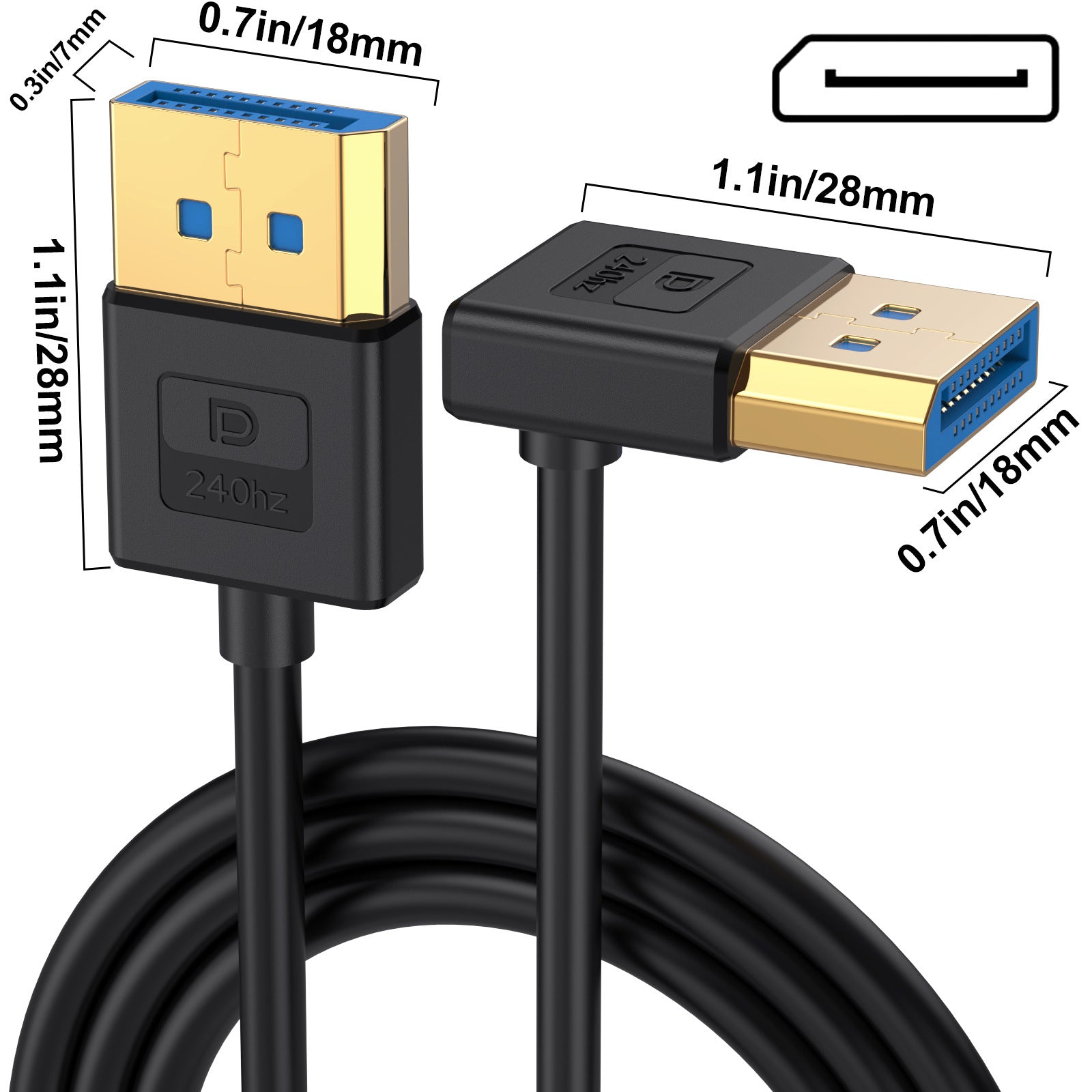 High refresh DisplayPort up angle cable