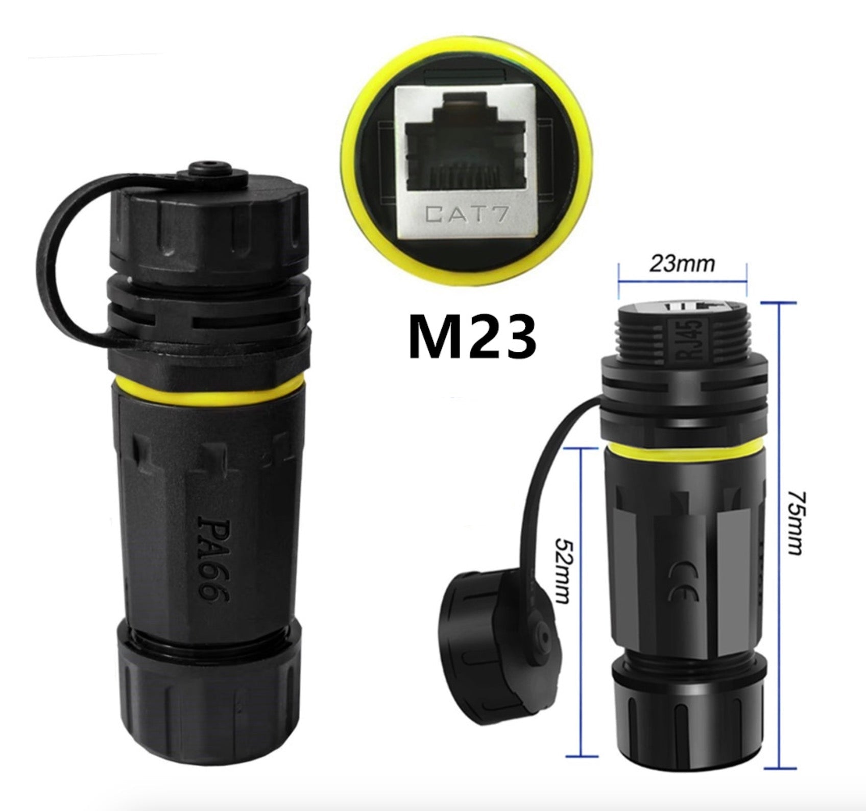 Black electrical connector with yellow accent and measurements.