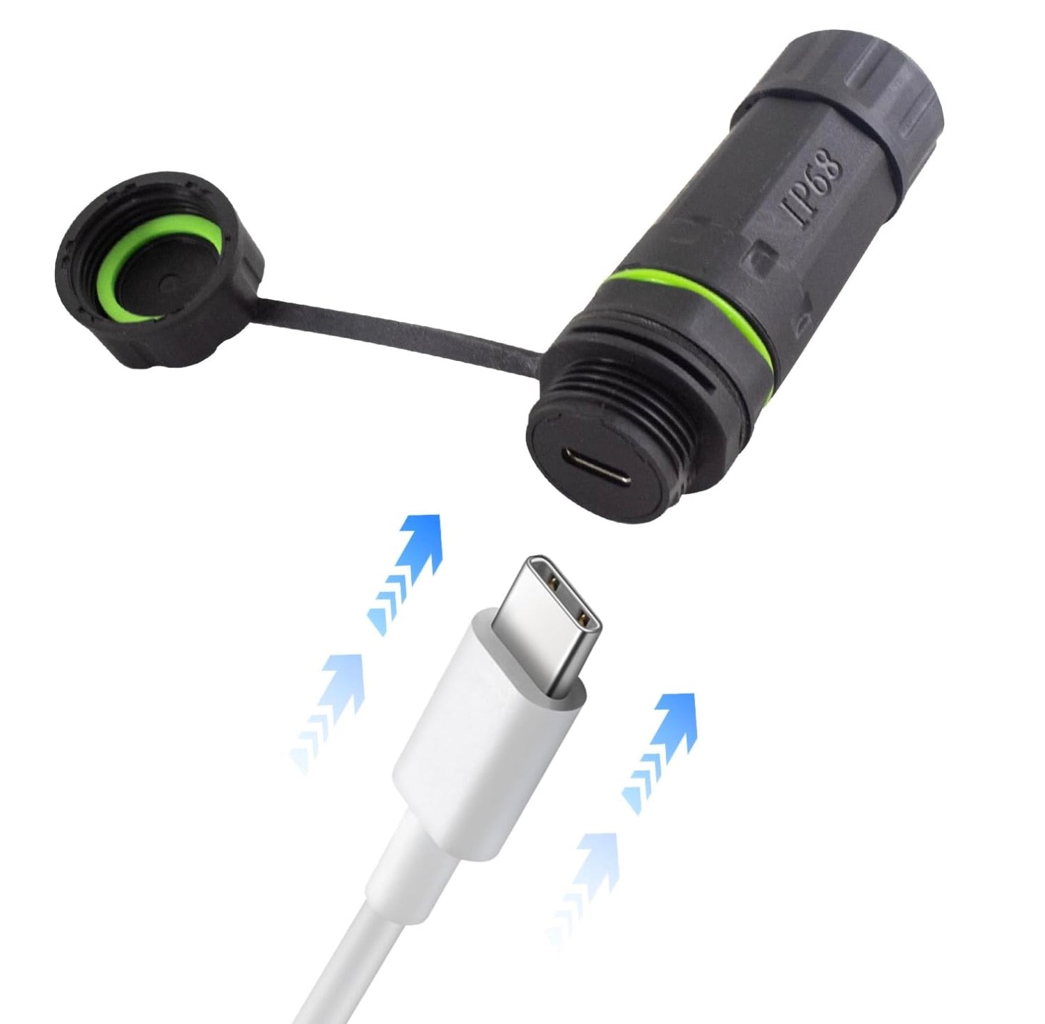 Black and green waterproof connector with USB-C cable on white background