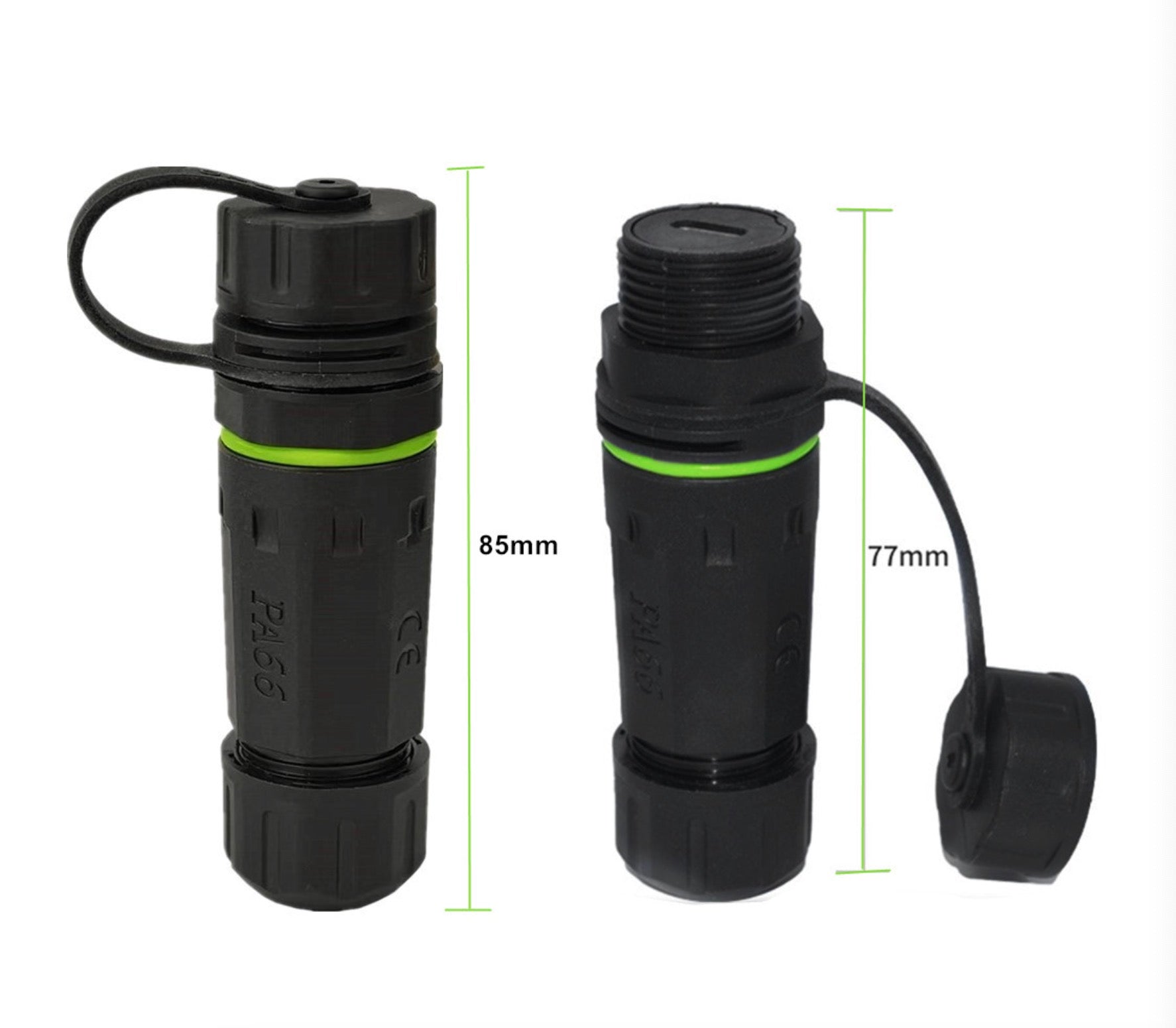 Two black cylindrical devices with green accents and measurements displayed.