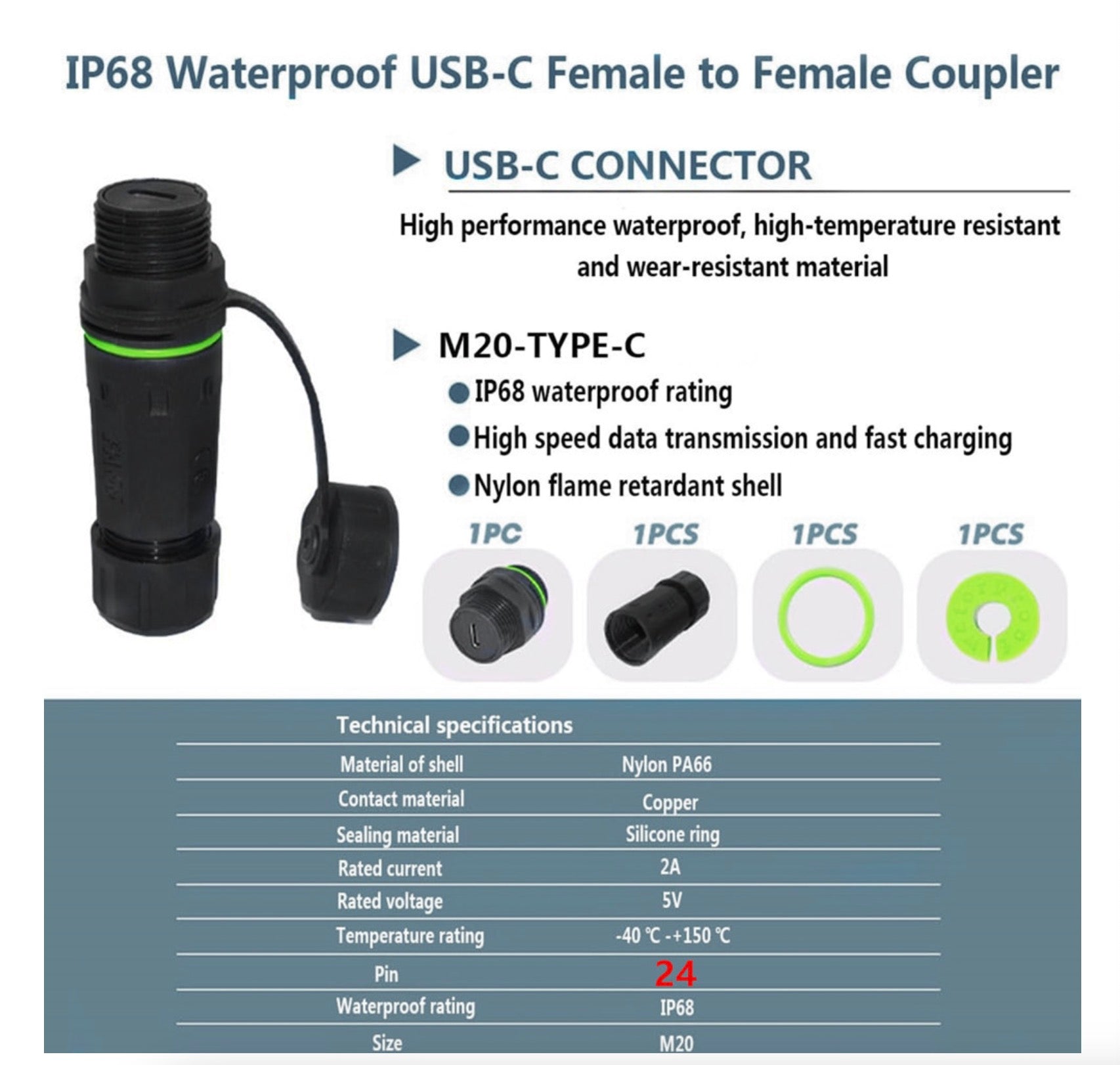 Waterproof USB-C female to female coupler with specifications.