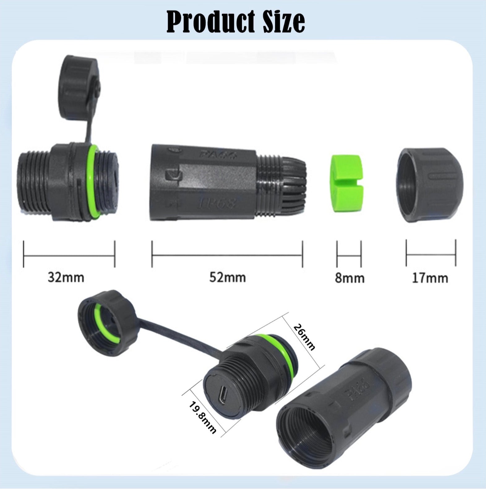 Detailed view of black and green connectors with measurements on a white background.