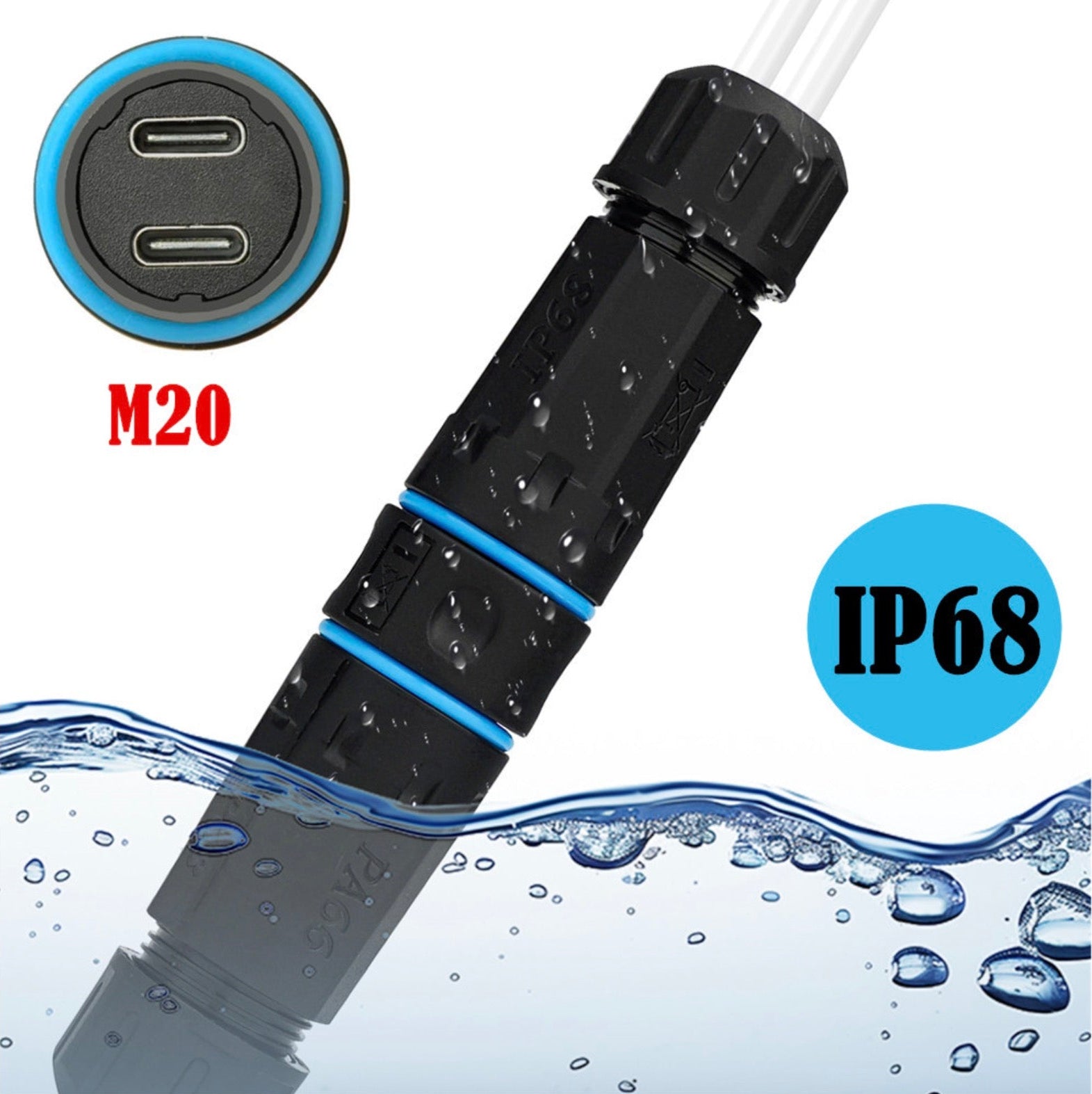 Waterproof connector with USB port and water droplets.