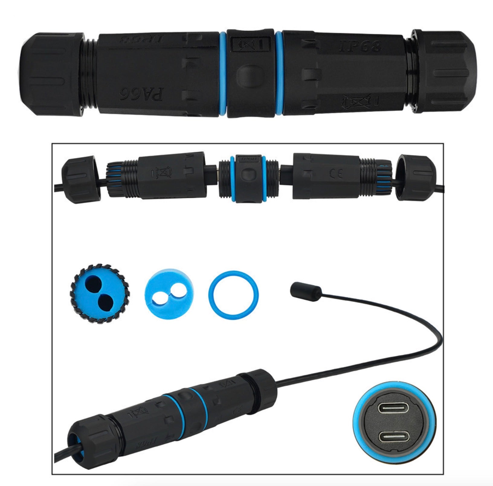 Various black and blue connectors and parts on a white background
