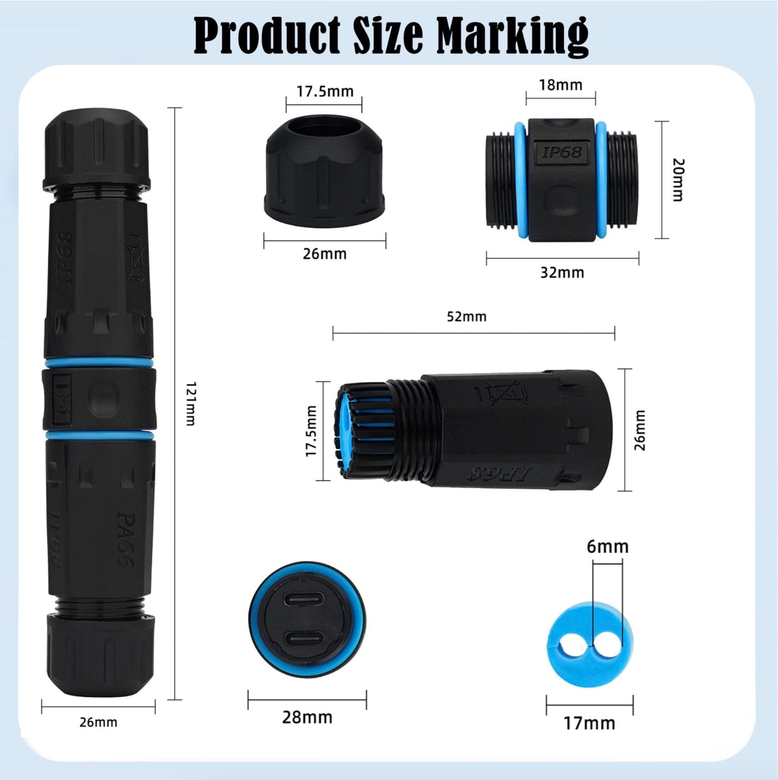 Measurement markings on black and blue connectors on a white background