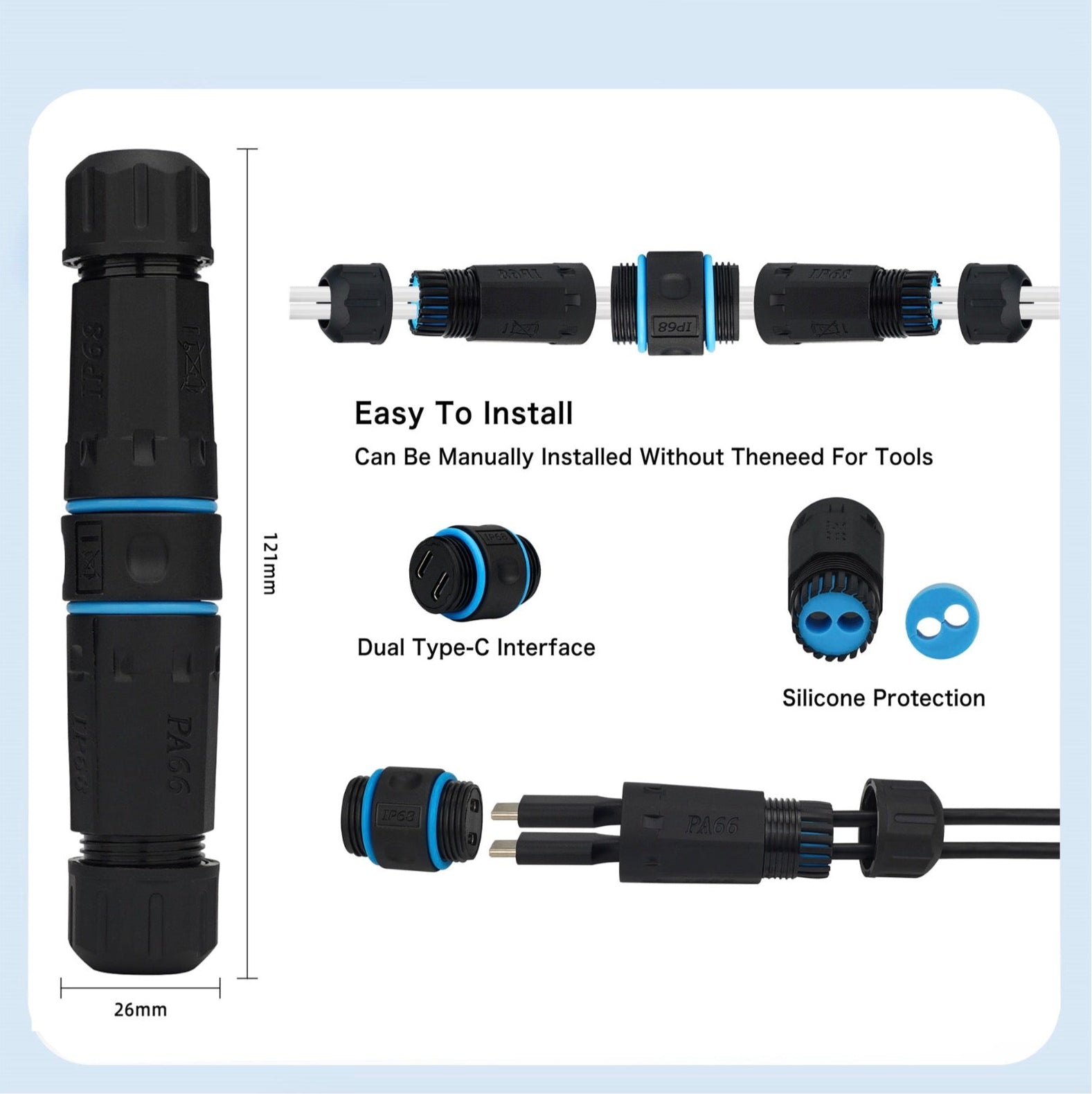 Various connectors with text on a light blue background