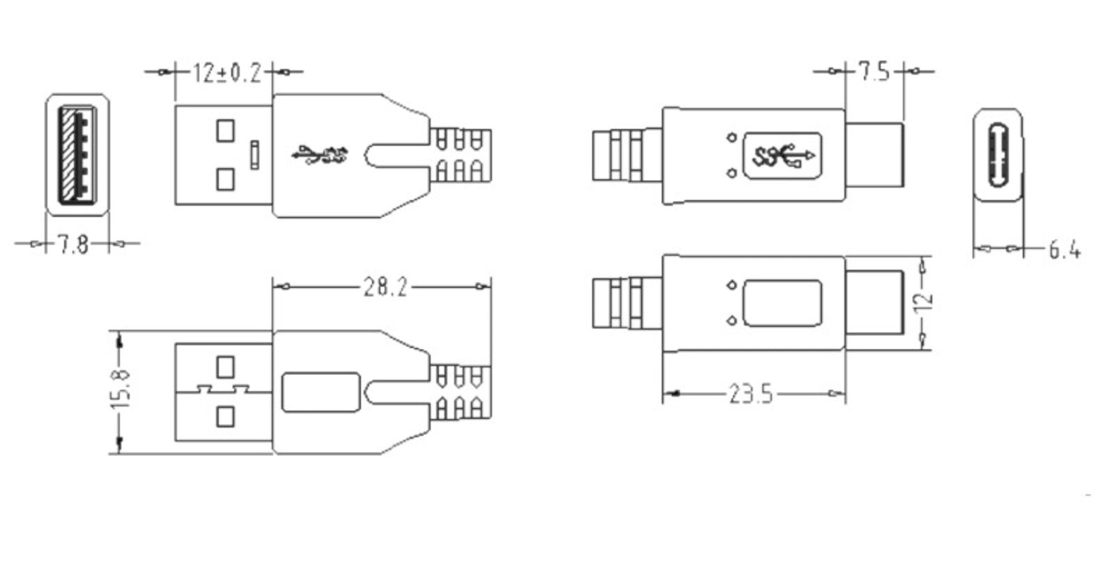 USB 3.0 A Male to USB C 3.1 Data Charging Cable 3A 5Gbps