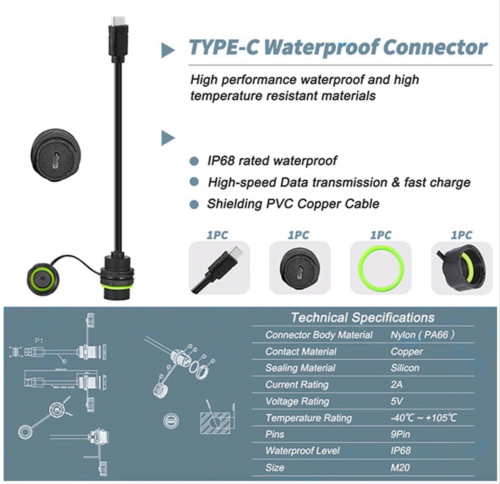 USB C Female Connector, IP68 Type C Male to Female M20 Waterproof Cable for Mechanical Outdoor Equipment