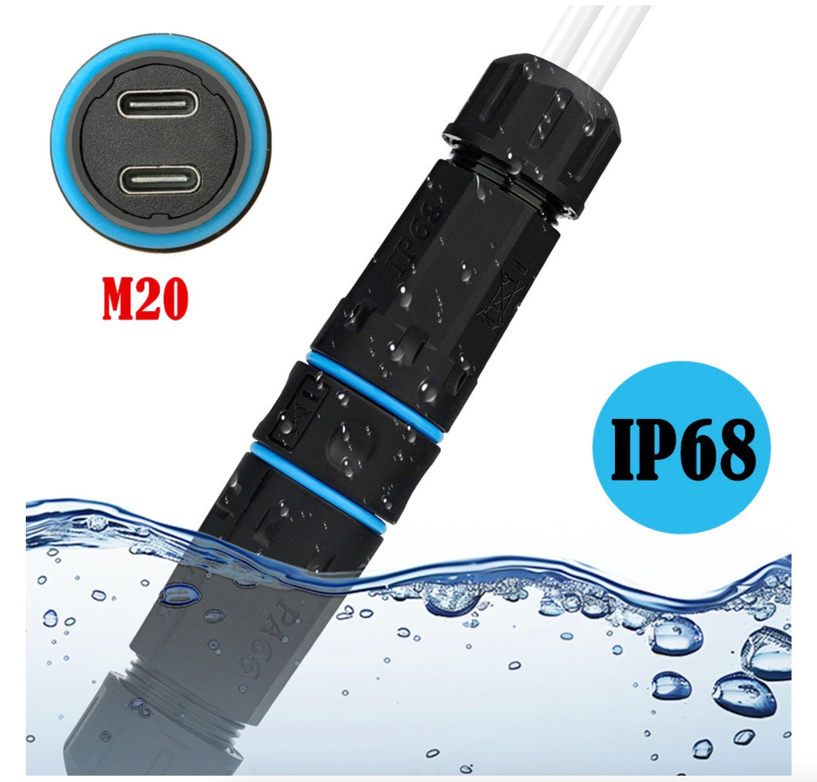 Waterproof USB C Connector, 2 x Type  C Female to Female Panel Mount Connector | Bulkhead Outdoor Charging Data Socket