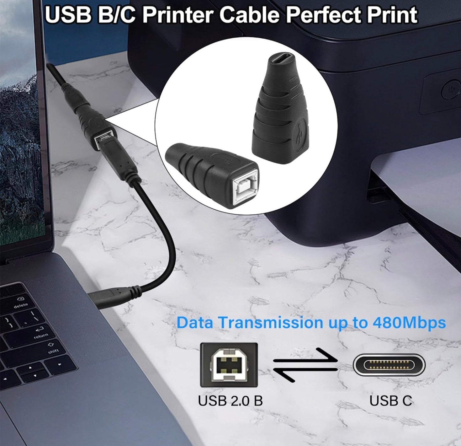 USB B to USB C Extension Adapter, Type C Female to Type B Female Midi Keyboard Converter