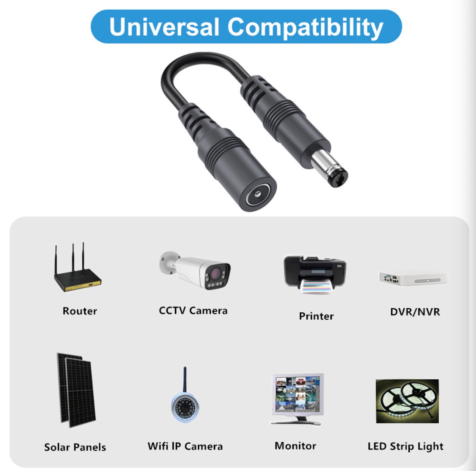 5.5mm x 2.1mm DC Male to Female Power Extension Cable for LED Strip, CCTV, Car, Monitors