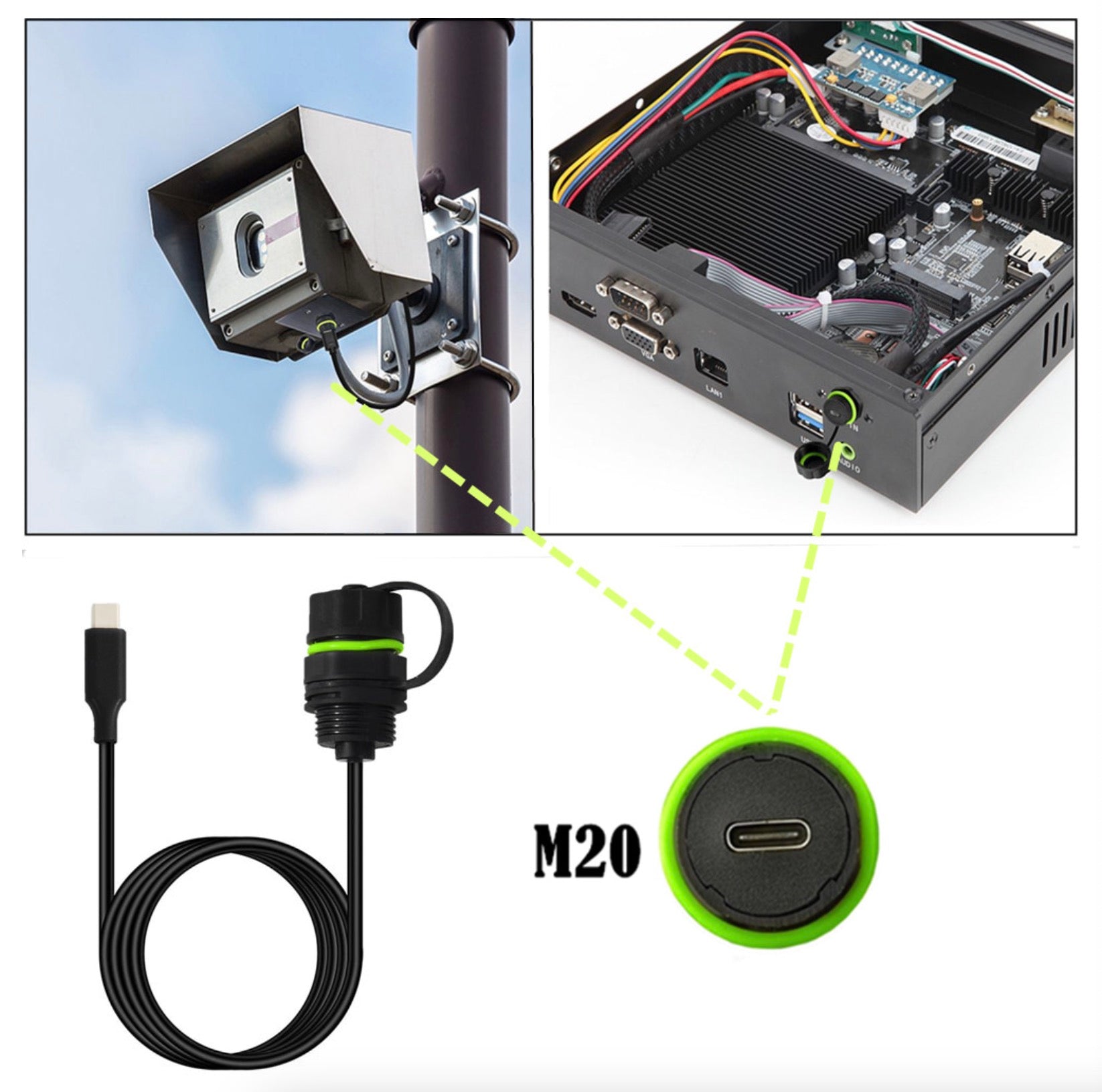 USB C Female Connector, IP68 Type C Male to Female M20 Waterproof Cable for Mechanical Outdoor Equipment