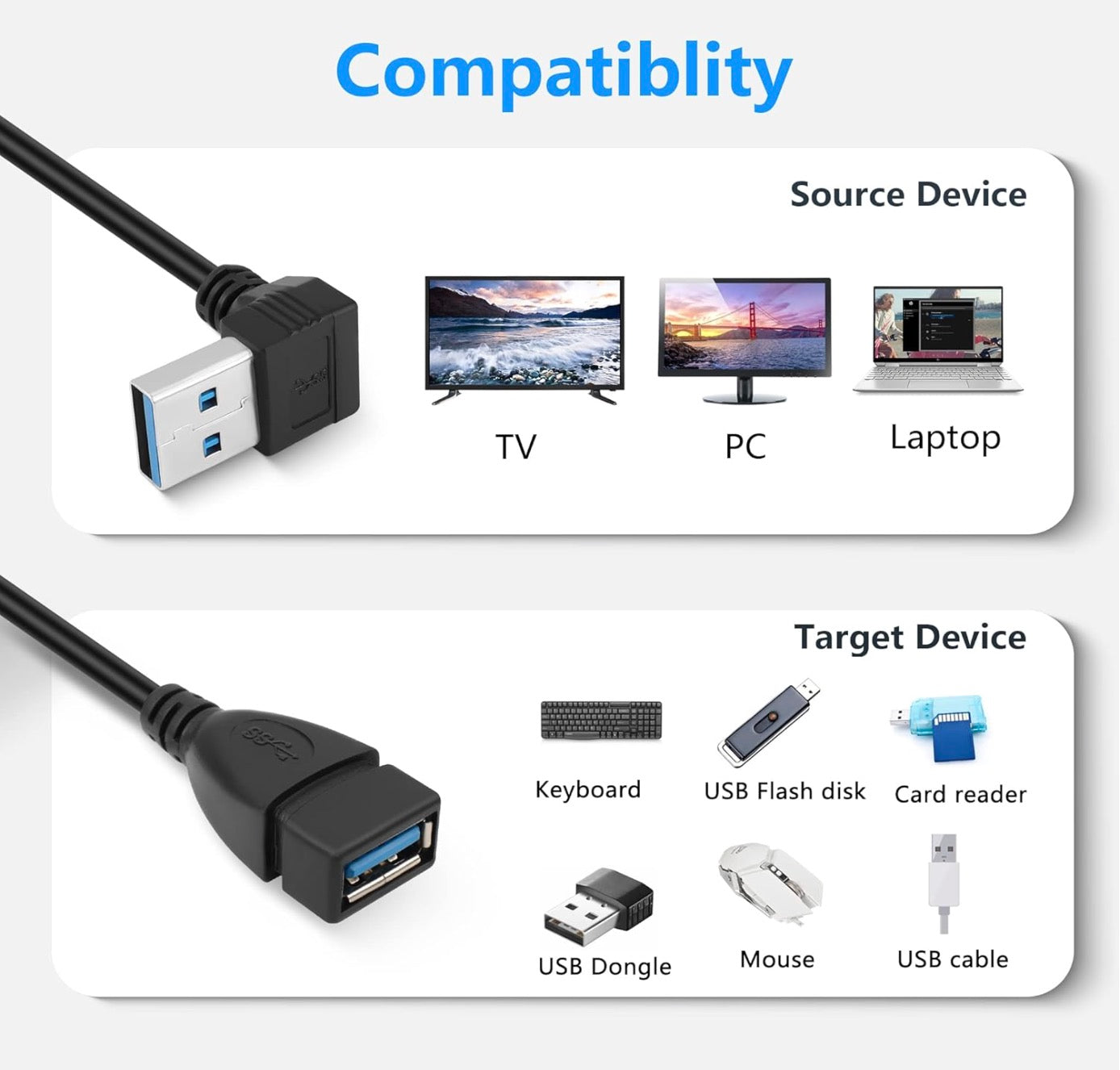 USB 3.0 Type A Male to Female 90 Degree Angled Extension Cable 0.3m