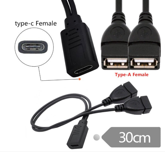 USB C Female to  USB 2.0 Dual Type A Female Y Splitter Extension Charging Cable