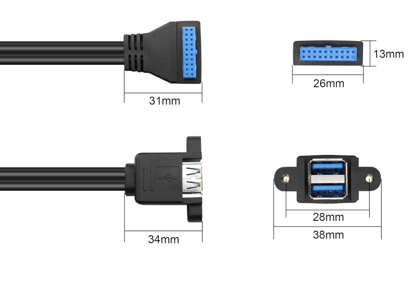 Dual USB 3.0 Type-A Female Panel Mount to Motherboard USB 3.0 Internal IDC 20Pin Header Cable