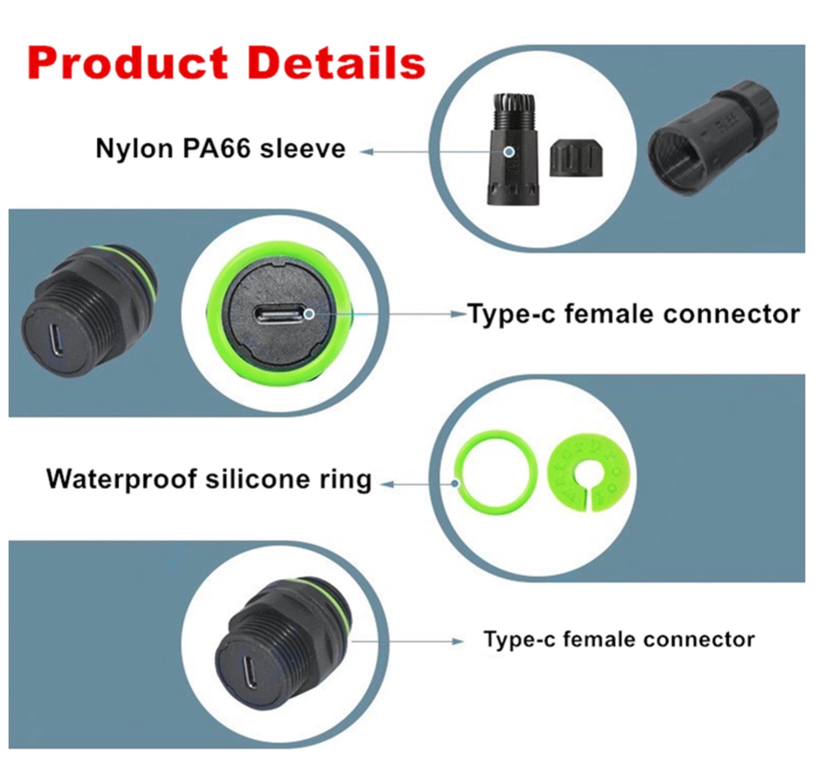 USB C Waterproof Connector, Type C Panel Mount Adapter Coupler | Bulkhead Outdoor Charging Socket