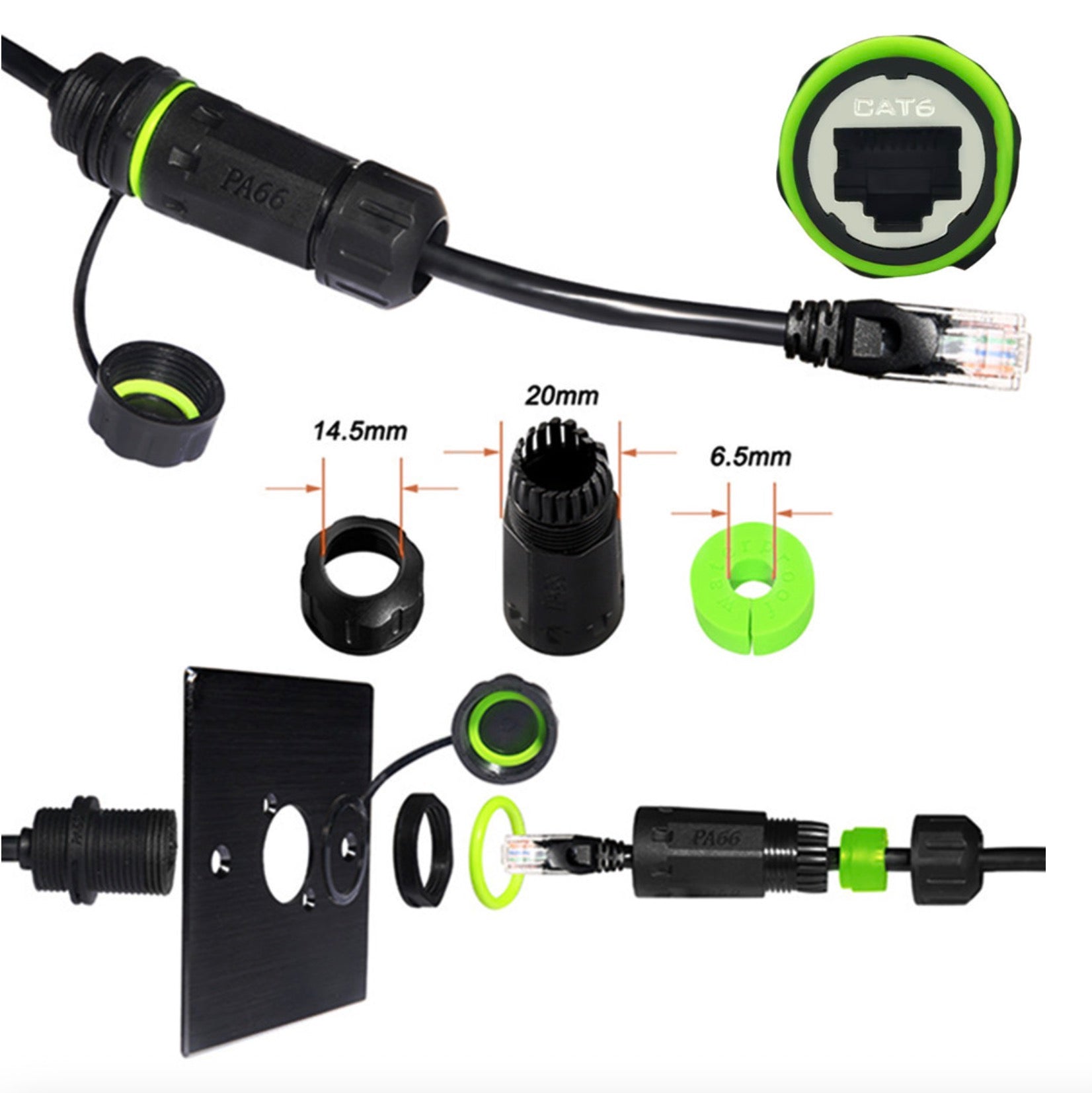 Cat 6 Network Cable, M20 RJ45 Female to Female Waterproof Connector | IP68 8P8C Shield Ethernet Coupler