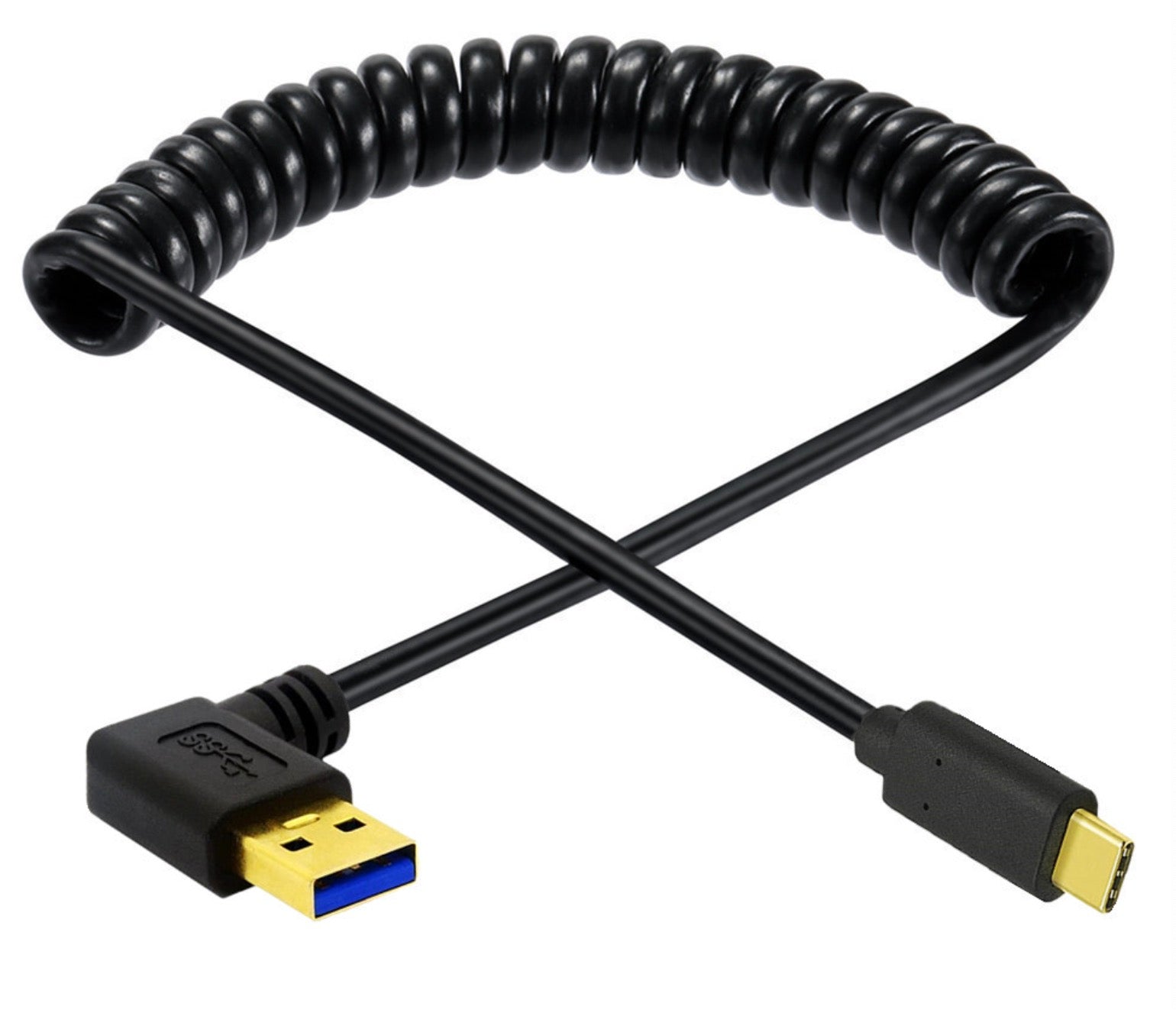 USB C Type-C Male to USB 3.0 A Type Male Coiled Cable - Left Angle