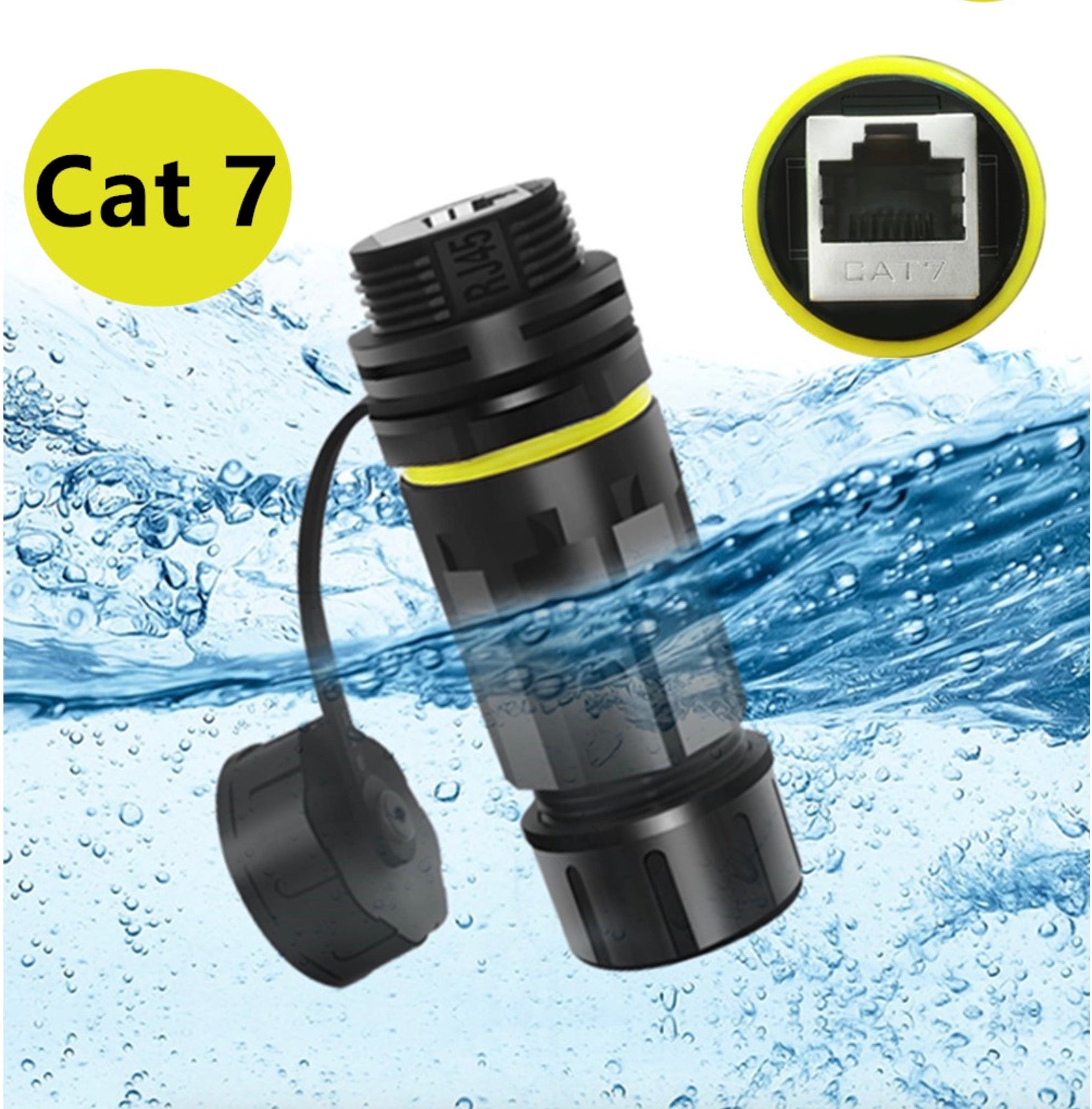 Waterproof CAT7 Adapter, RJ45 Shielded Panel Mount Connector | IP68 Outdoor Ethernet LAN Coupler with Dust Cap