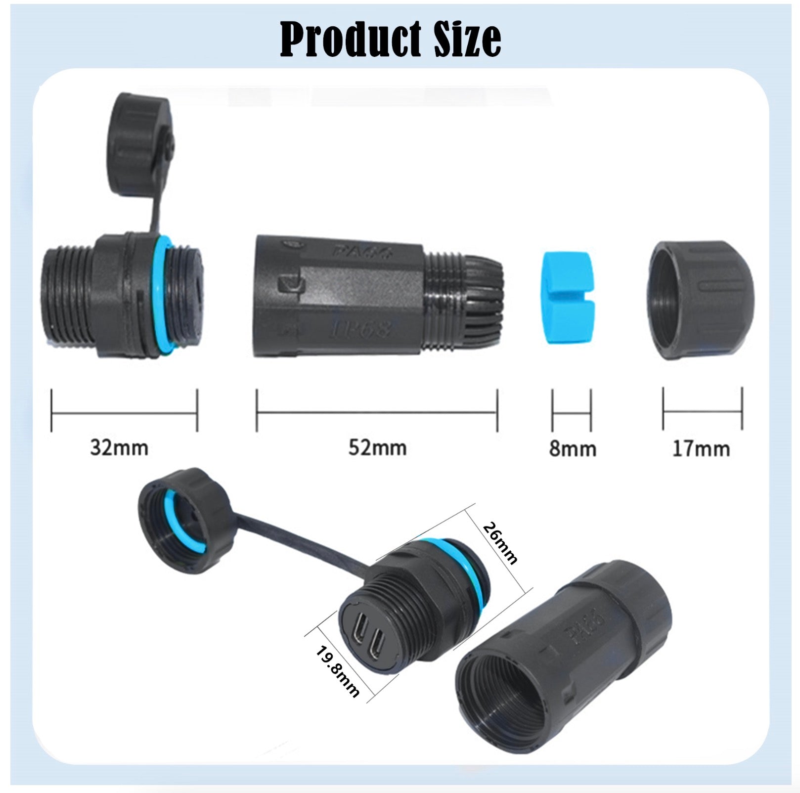 USB C Waterproof Connector, Type C Female Panel Mount Adapter | IP68 Outdoor Extender