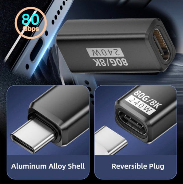 USB C Extension Adapter, Type C Female to Female Data Charging Connector USB 4.0 PD240W 80Gbps
