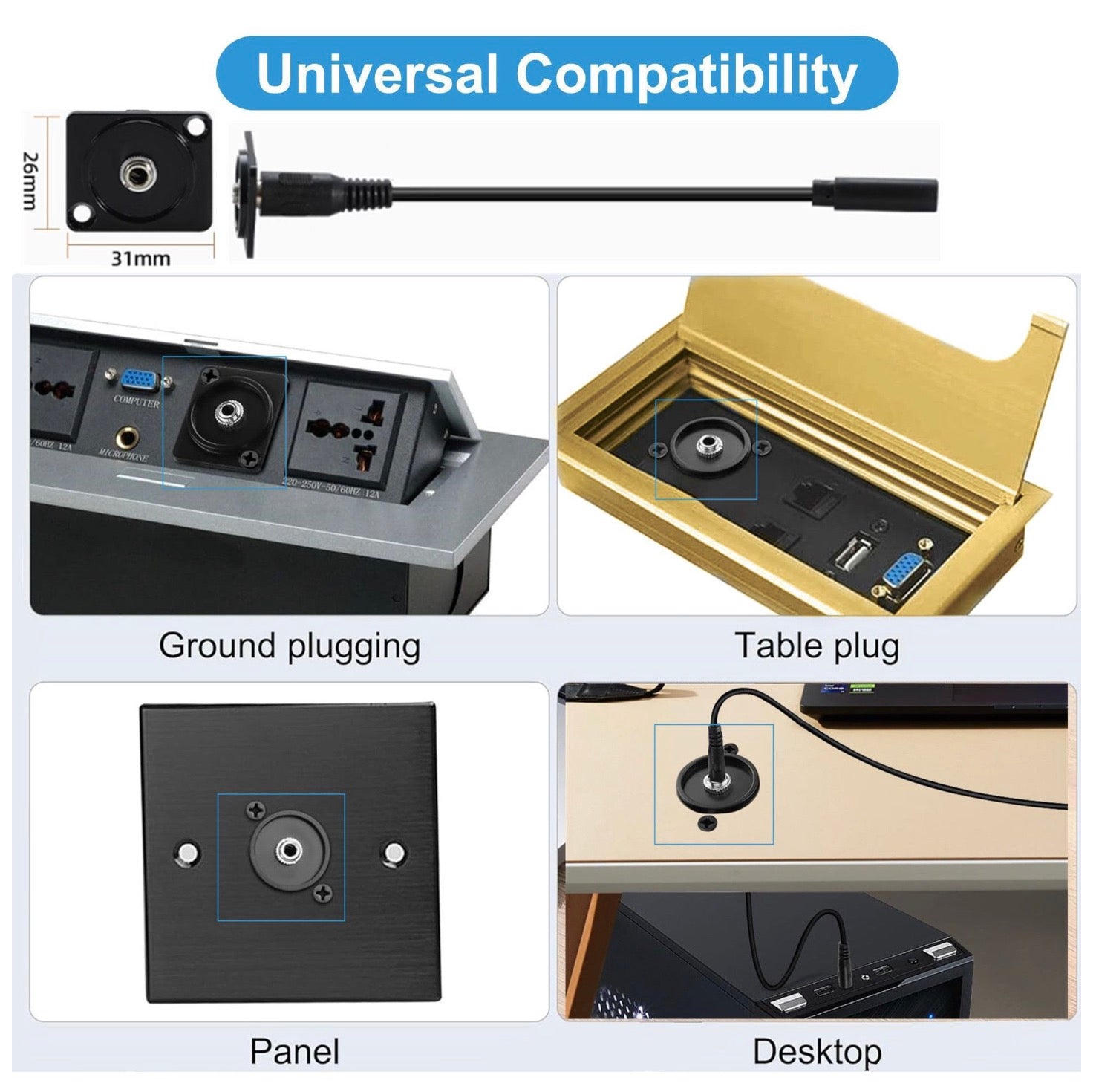 3.5mm TRS Panel Mount Audio Cable, 1/8 Stereo Female to Female Headphone Mount Socket