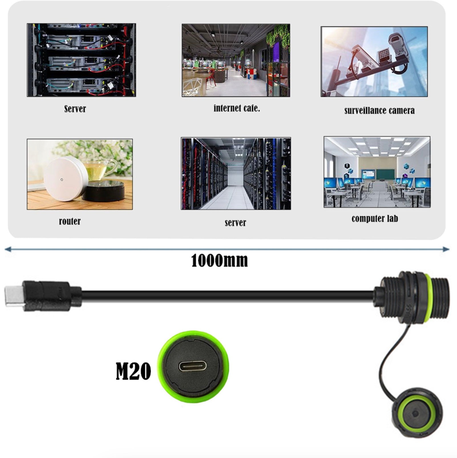 USB C Female Connector, IP68 Type C Male to Female M20 Waterproof Cable for Mechanical Outdoor Equipment