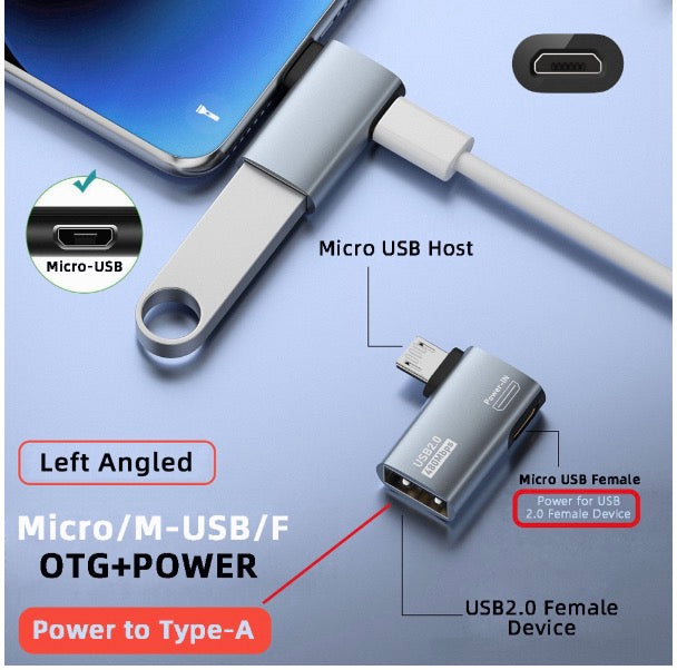 Micro 5Pin Male to USB 2.0 A Female with Micro Female Power OTG Adapter - Left Angle