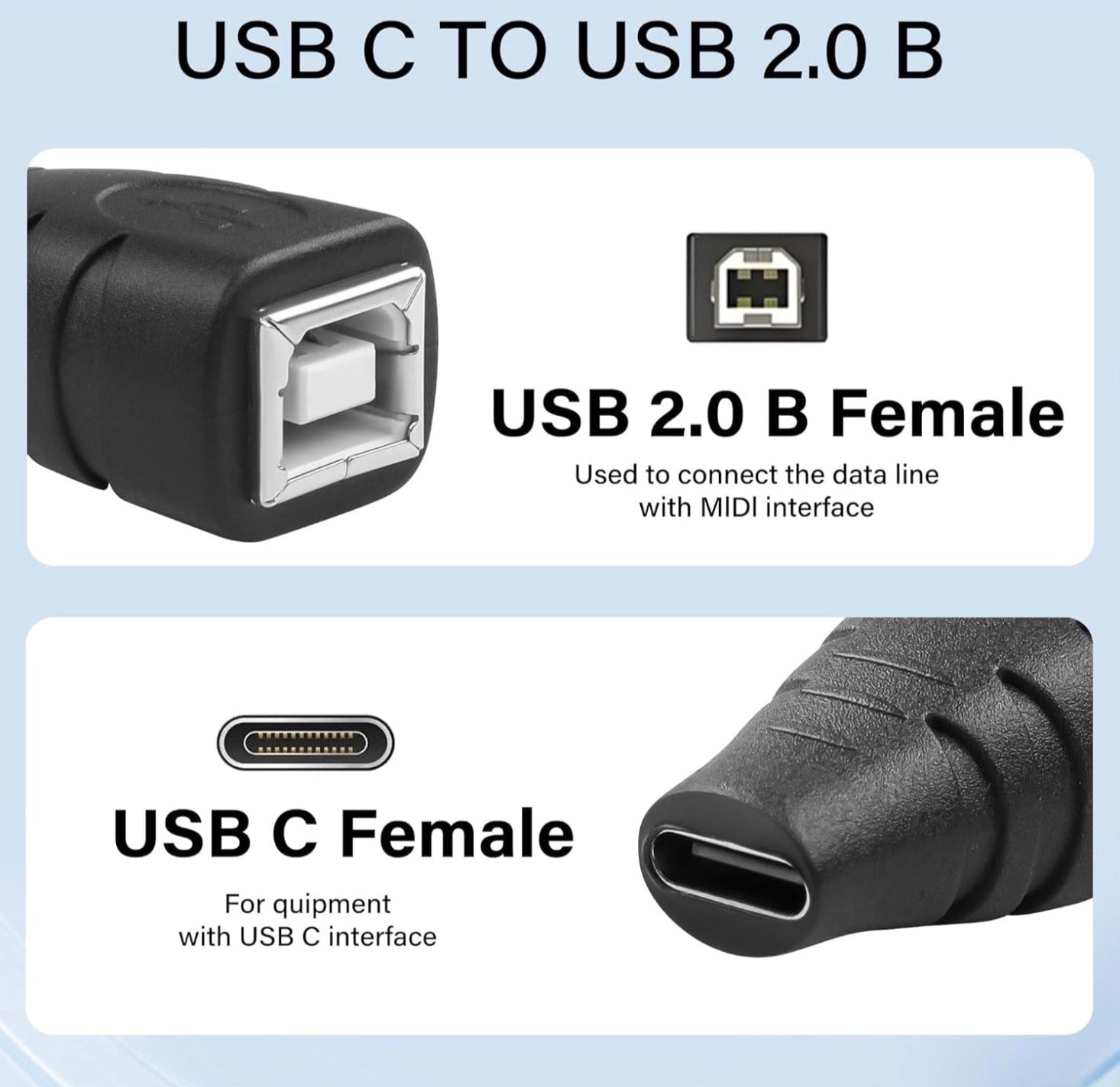 USB B to USB C Extension Adapter, Type C Female to Type B Female Midi Keyboard Converter