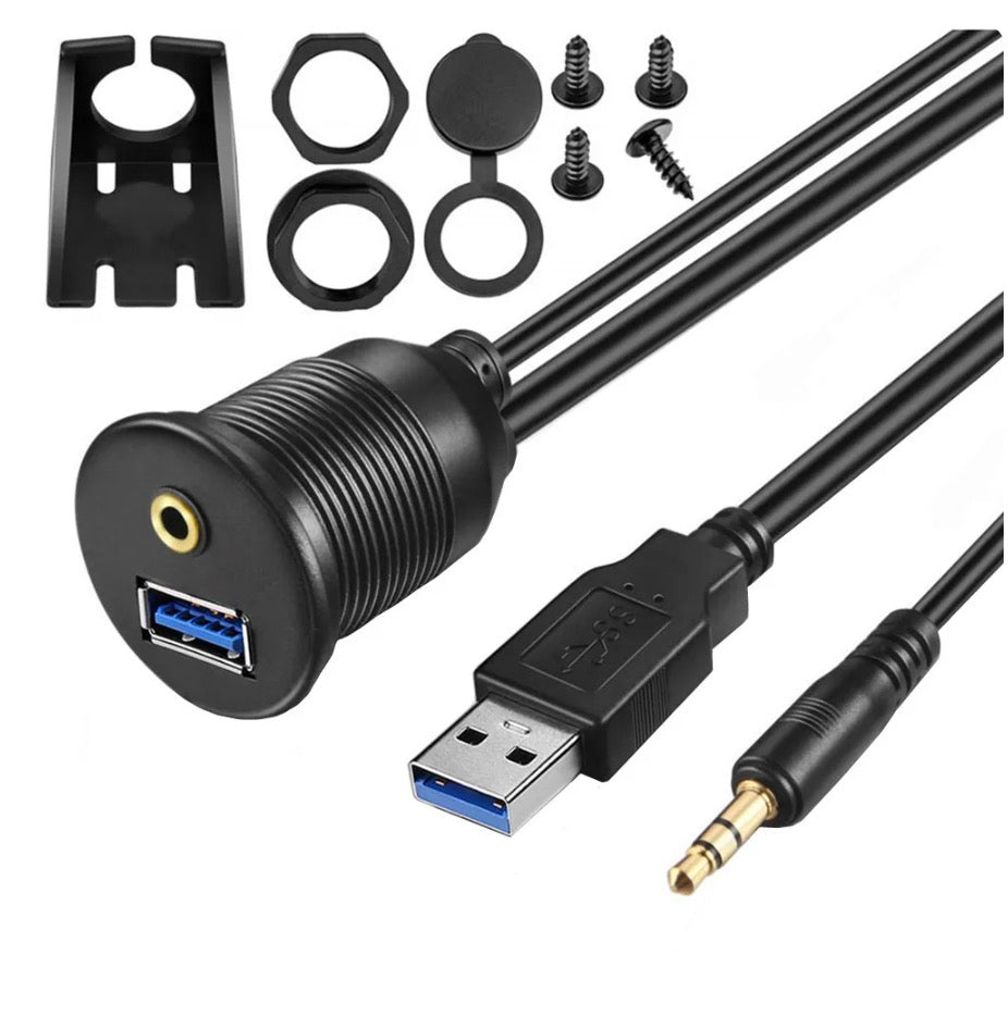 USB 3.0 + 3.5mm AUX 1/8" Audio Water Resistant Extension Cable For Truck Trailer Boat Motorcycle