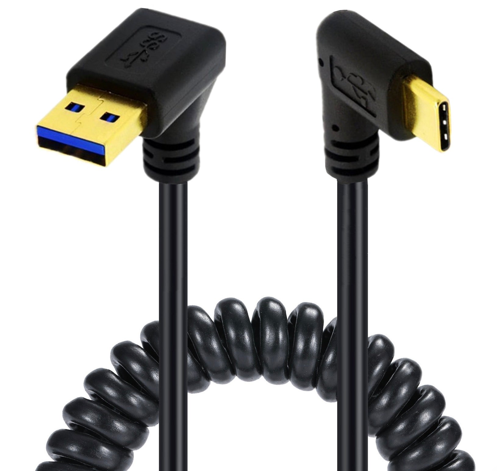 USB C Type-C Male to USB 3.0 A Male Spiral Cable - Up Angle