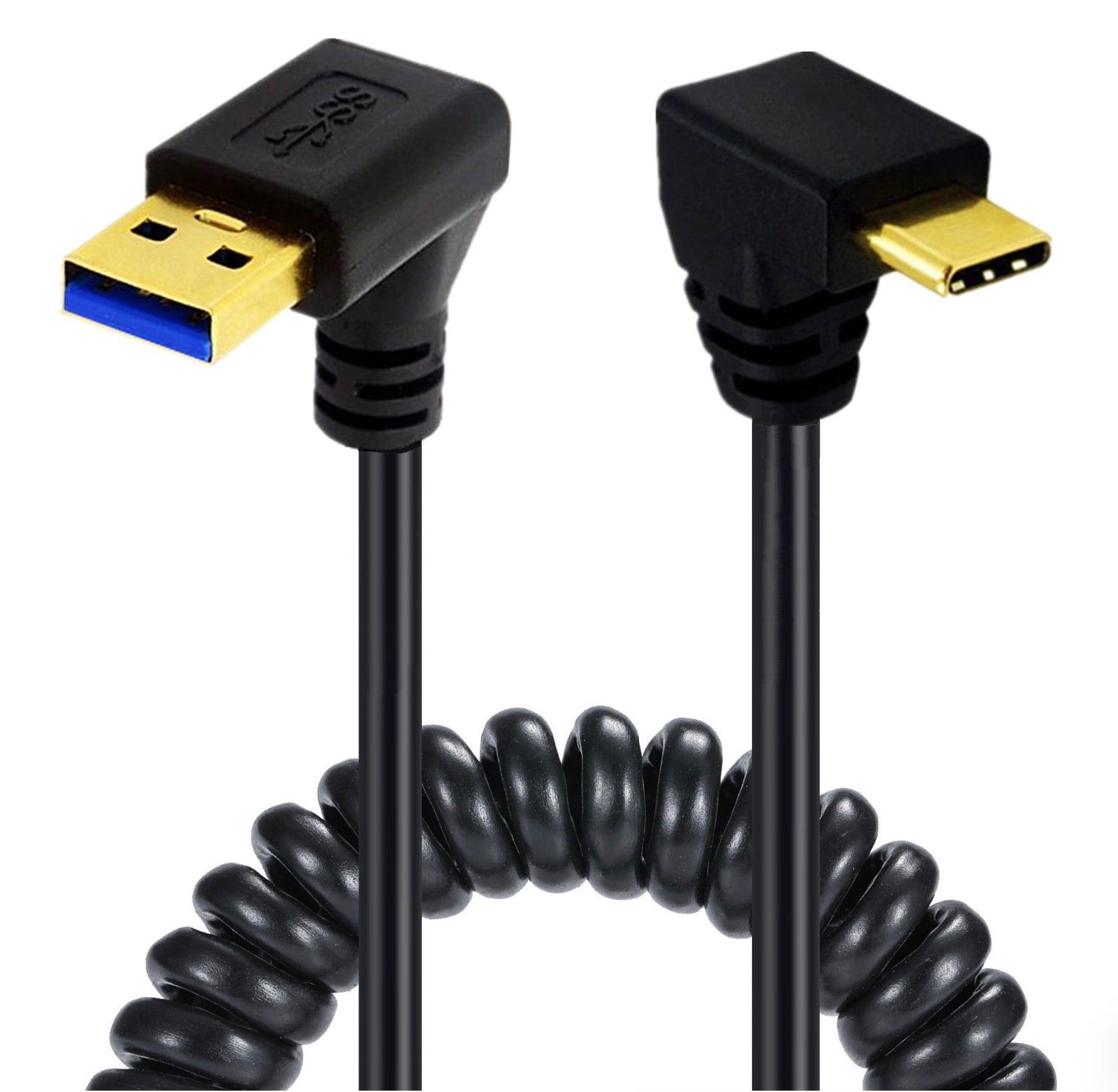USB C Type-C Male to USB 3.0 A Male Coiled Cable - Down Angle
